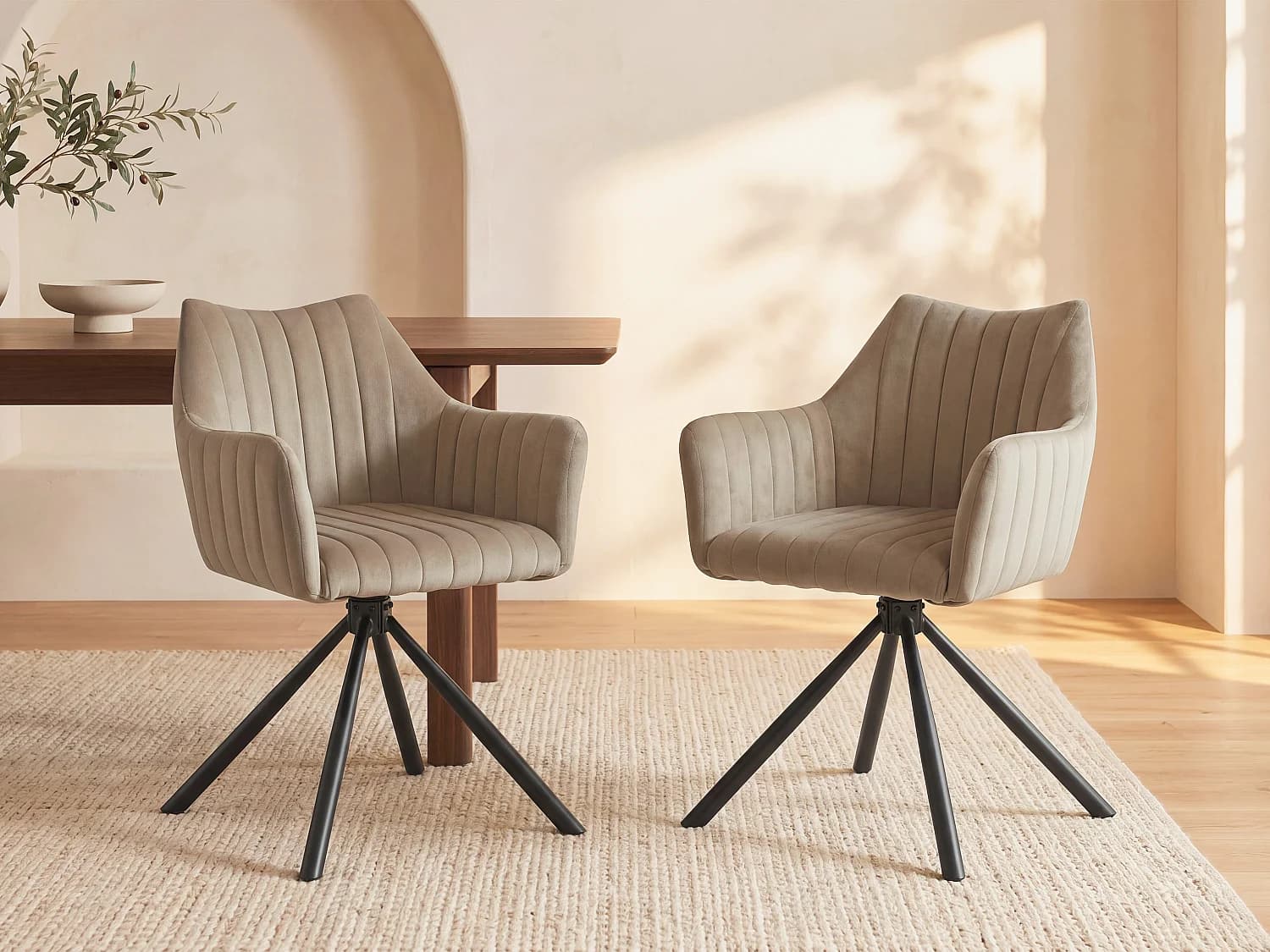 Lot de 2 chaises avec accoudoirs en velours et métal - Beige - IZIALI