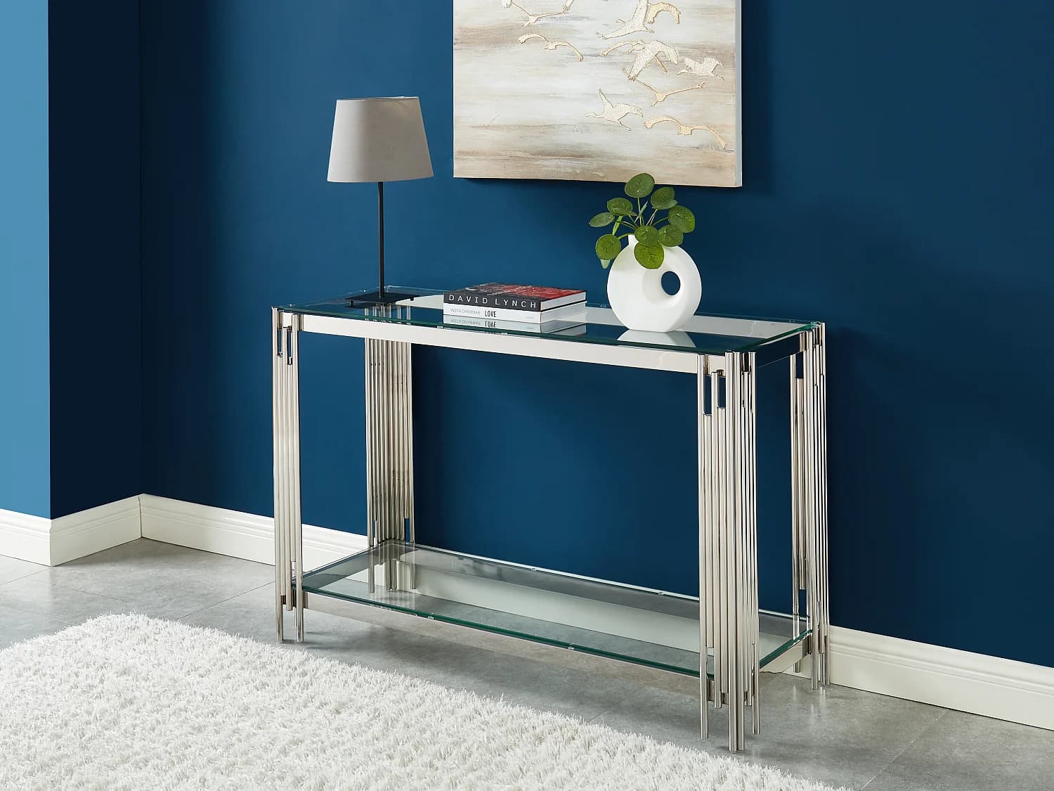Console avec 1 étagère en verre trempé et acier inoxydable - Chromé - NOMELANO