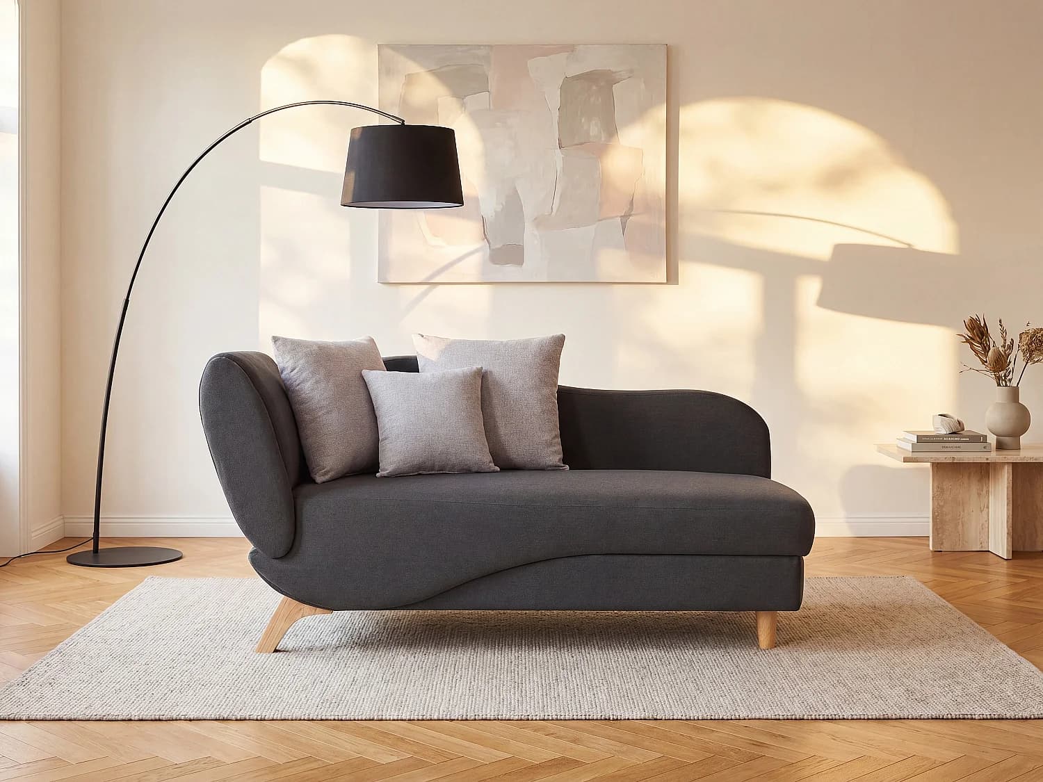 Méridienne droite convertible en tissu anthracite avec coffre de rangement PENELOPE