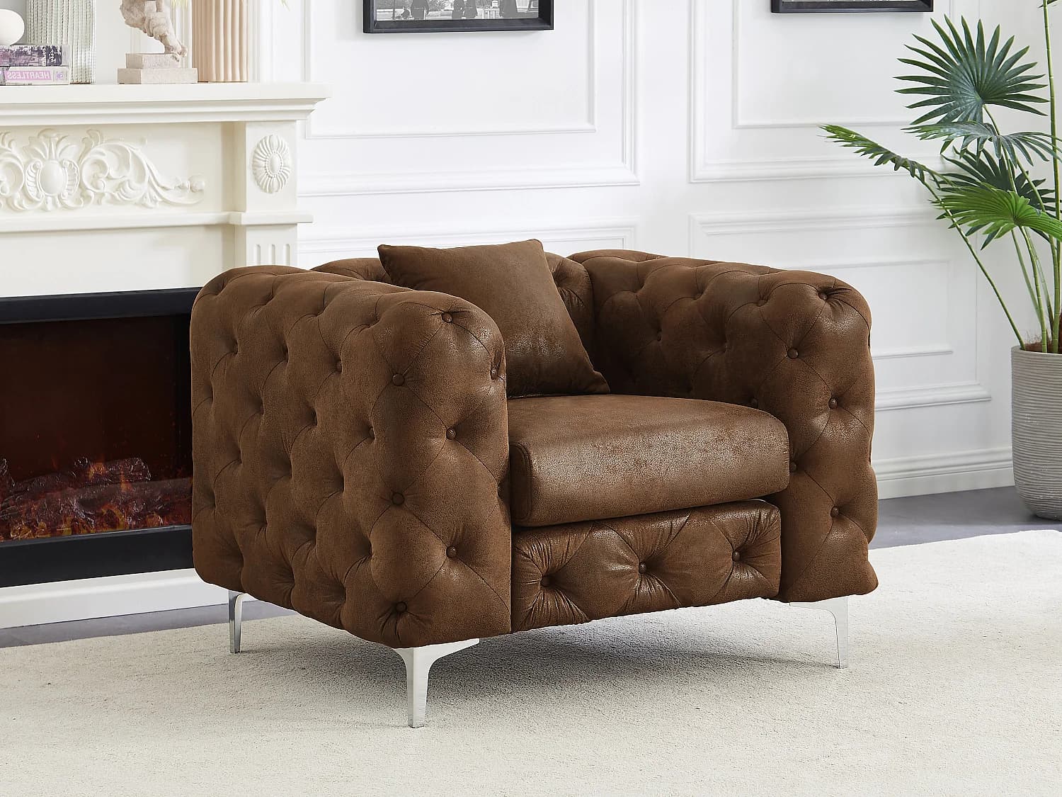 Fauteuil chesterfield en microfibre aspect cuir vieilli EDWINA