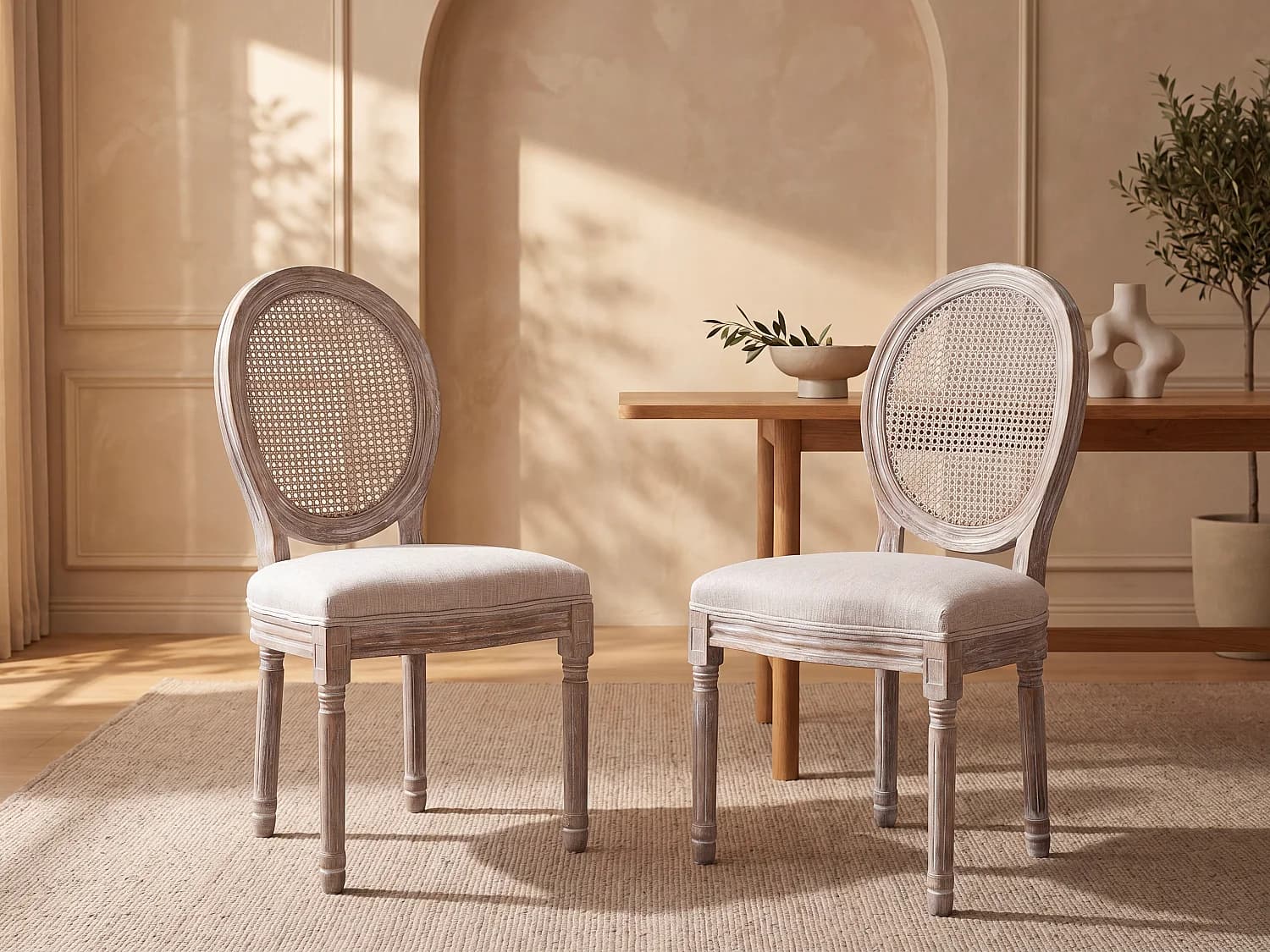 Lot de 2 chaises - Cannage, tissu et bois d'hévéa - Beige - ANTOINETTE