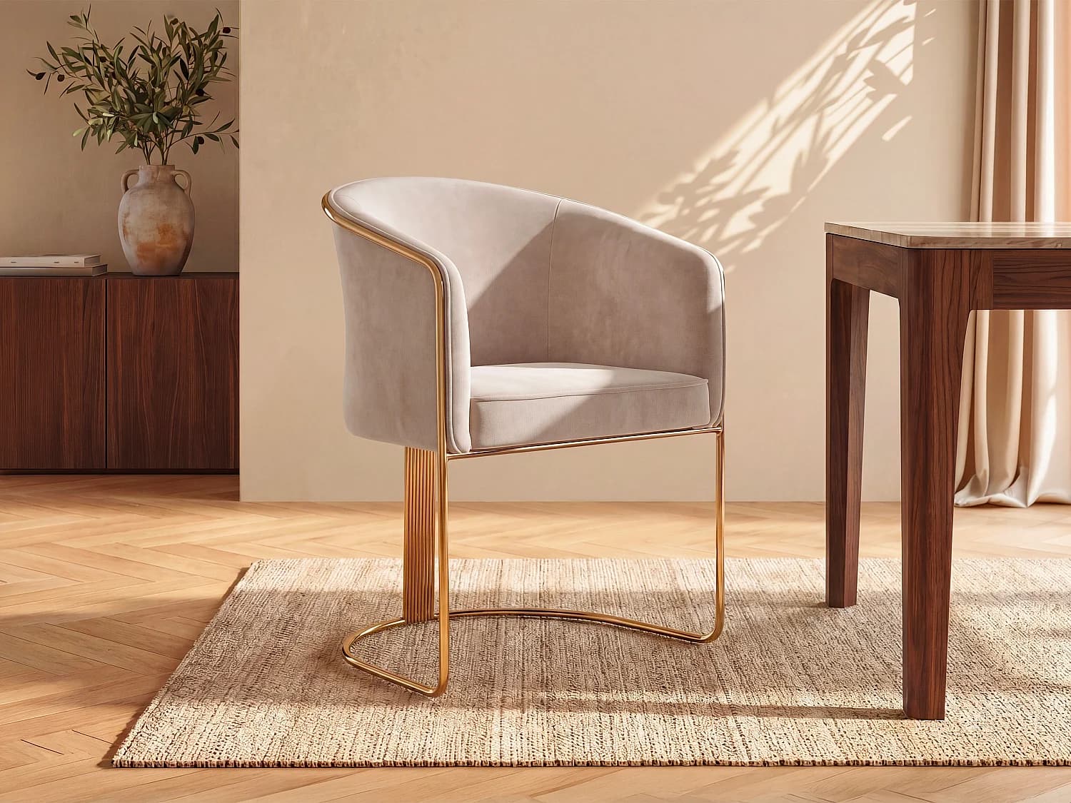 Chaise avec accoudoirs en velours et métal - Crème et doré - JOSETHE