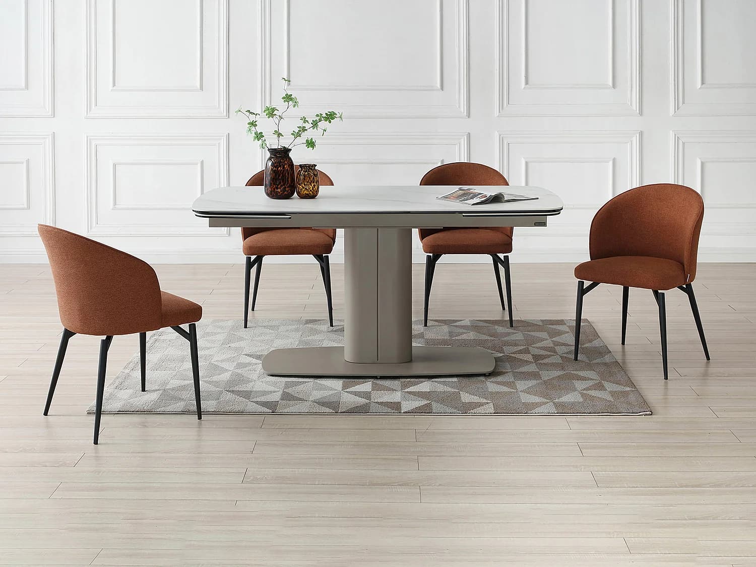 Table à manger extensible 6 à 10 personnes en céramique et métal - Effet marbre blanc et taupe - CARIOULA