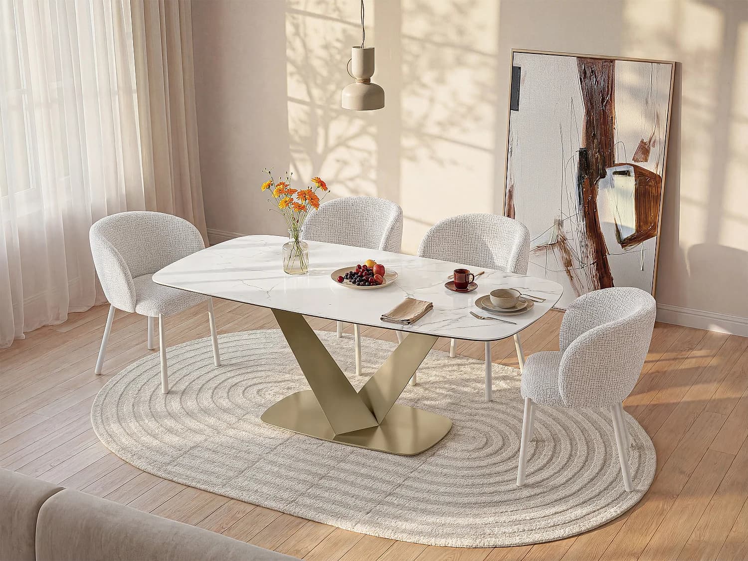 Table à manger 6 personnes en céramique, verre trempé et métal doré - Effet marbre blanc - PORELIMA de Maison Céphy
