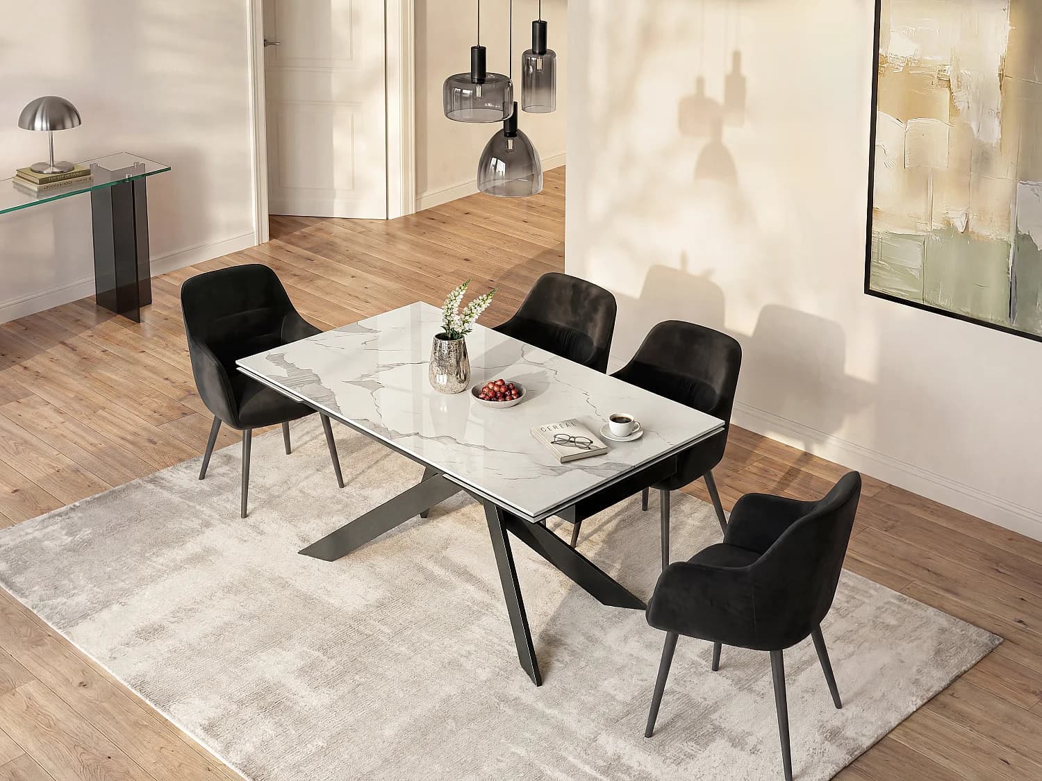 Table à manger extensible 6 à 10 personnes en céramique, verre trempé et métal - Effet marbre blanc et anthracite - COREMA de Maison Céphy