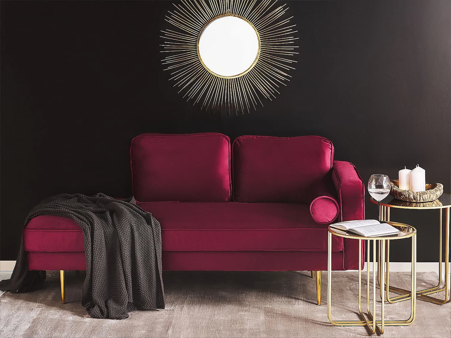 Chaise longue côté droit MIRAMAS Velours Rouge foncé