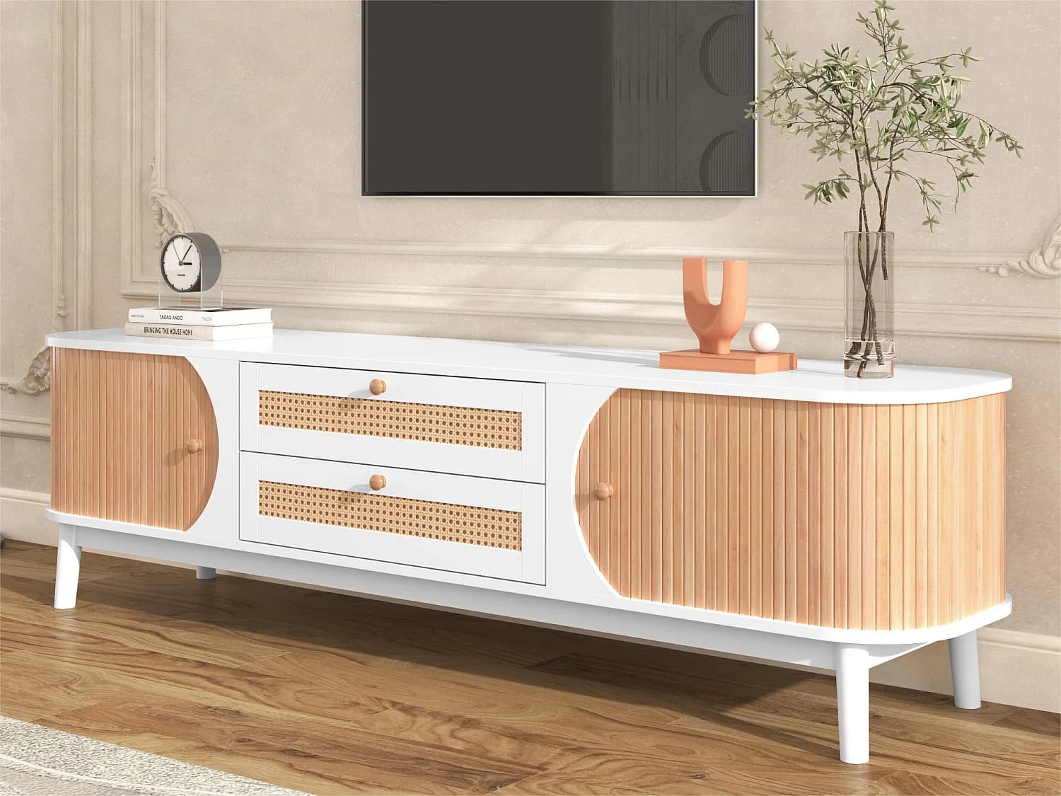 Meuble TV 170cm en bois massif et rotin - 2 tiroirs et 2 portes - style campagnard - naturel