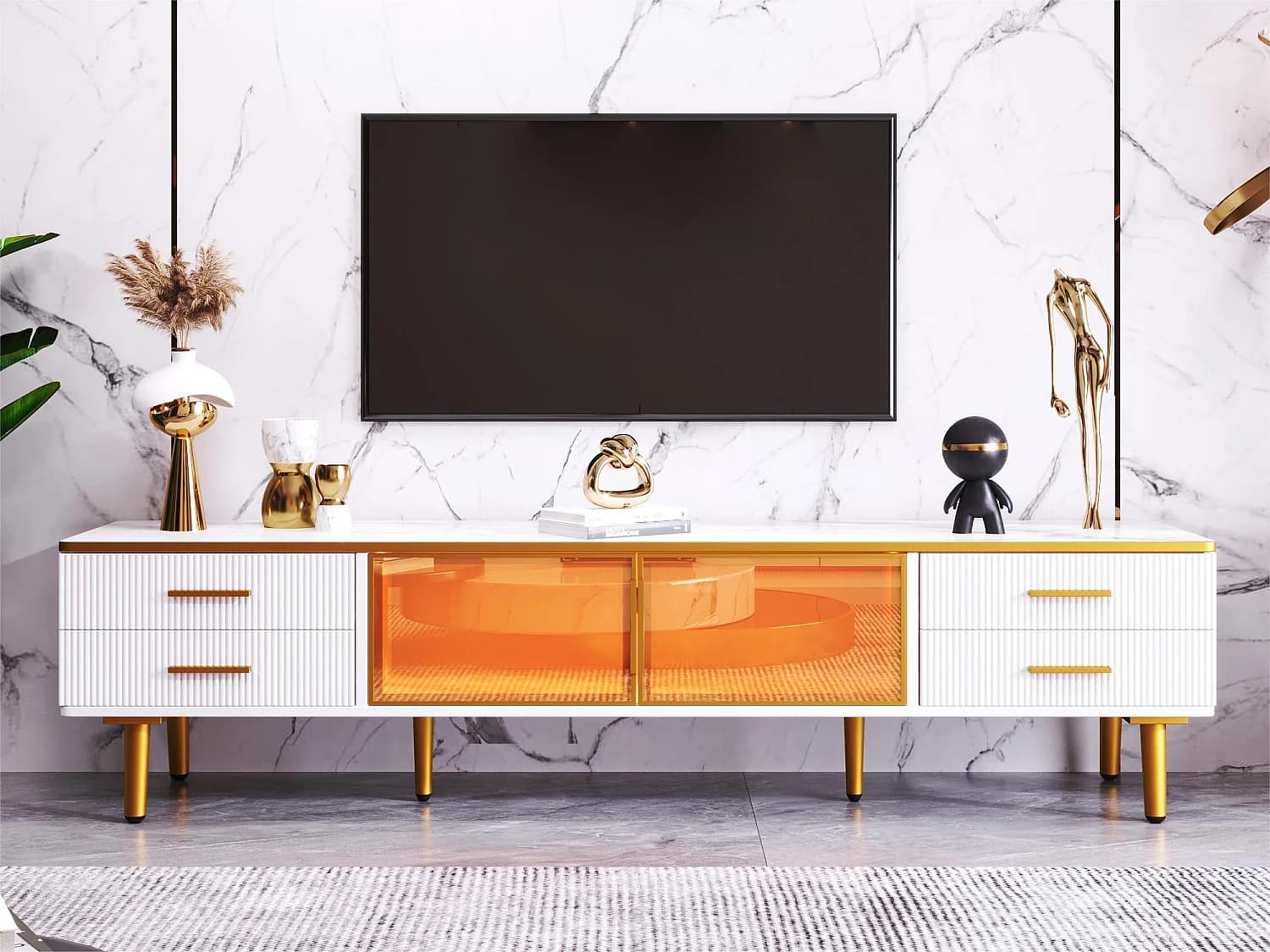 Meuble TV scandinave 170cm avec LED - 4 tiroirs - placage à motif en marbre - Blanc