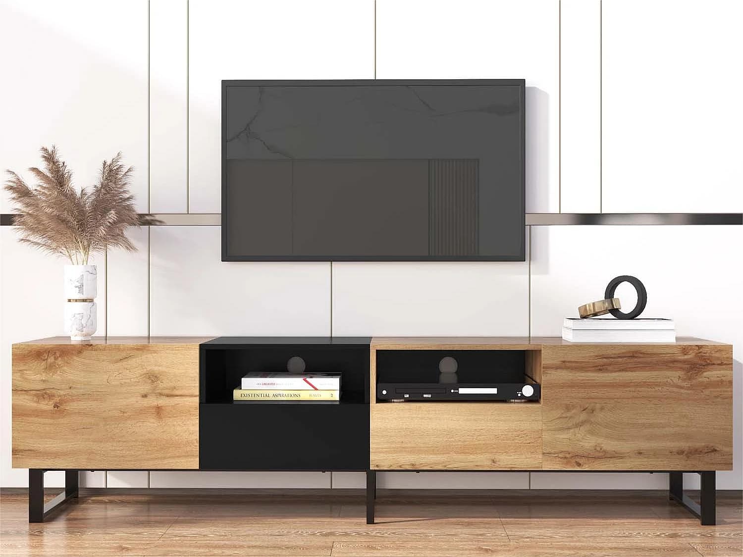 Meuble TV 190cm - 2 portes + 2 tiroirs + 2 compartiments - style industriel - Naturel