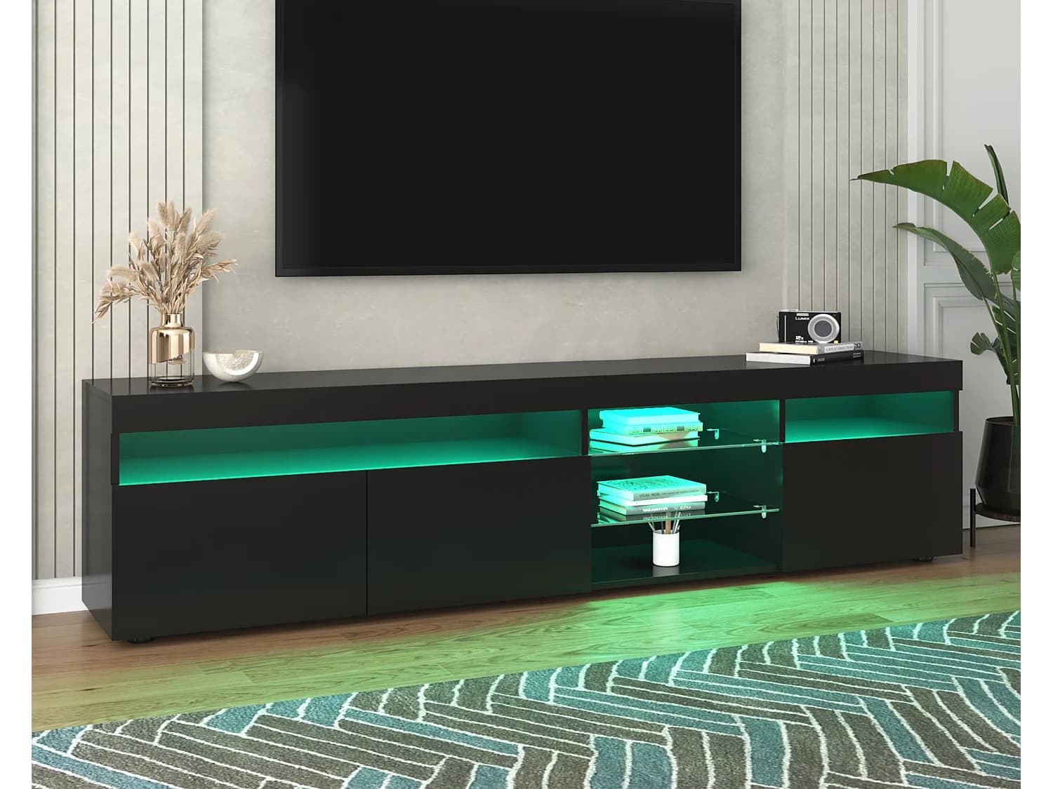 Meuble TV moderne 180cm avec LED - 3 portes & 5 compartiments ouverts - Noir