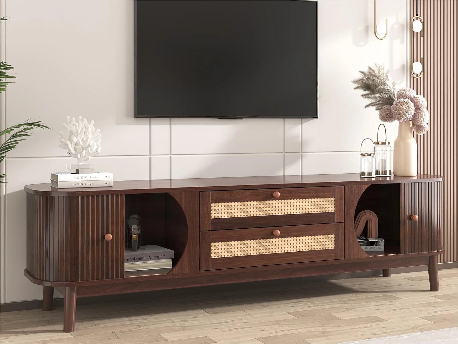 Meuble TV 170cm en bois massif et rotin - 2 tiroirs et 2 portes - style campagnard - marron