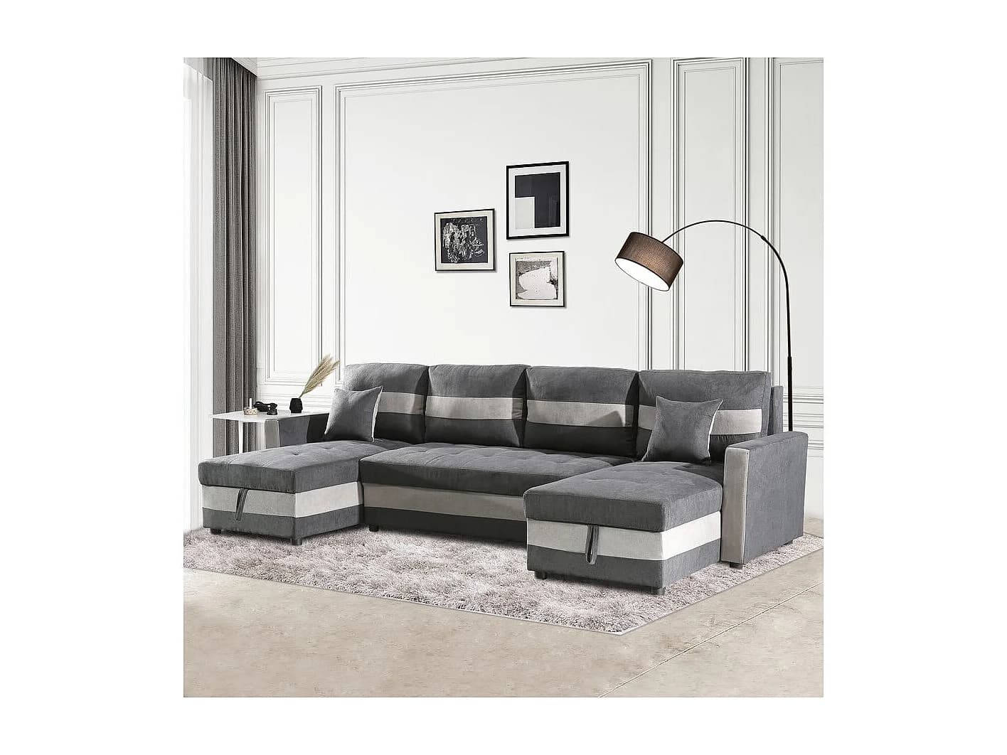 Canapé panoramique convertible avec coffres de rangement "Antoine" - 5 places - Gris foncé/ Gris clair
