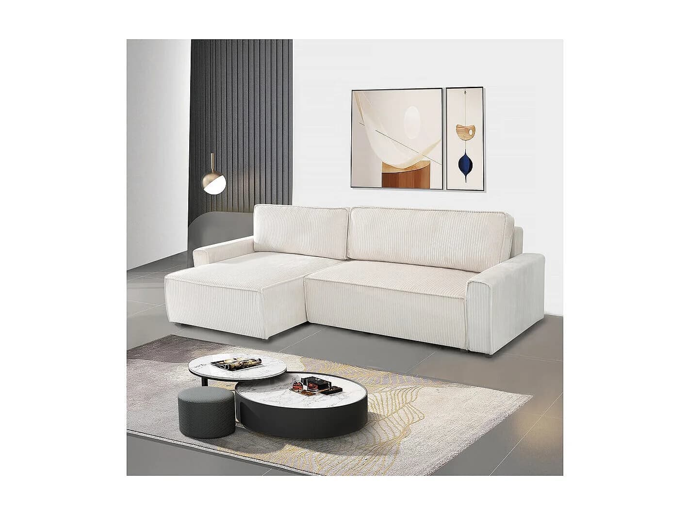 Canapé d'angle convertible et reversible en velours côtelé "Montaigne" - 3 places - Beige