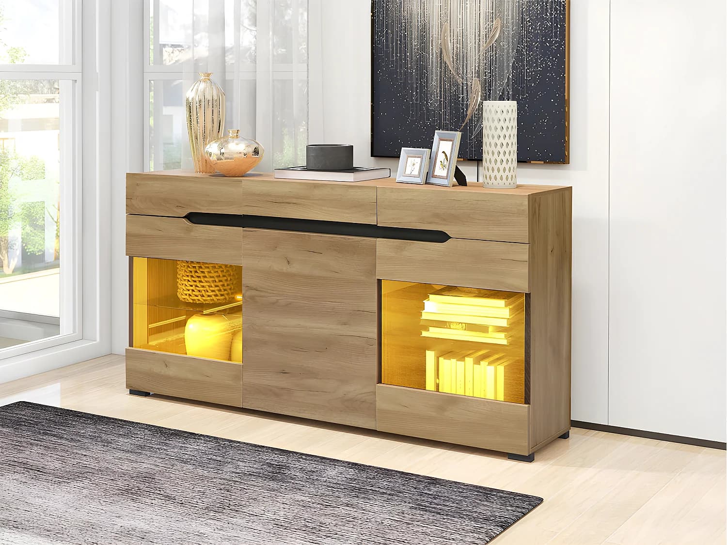 Buffet bas avec LED - 3 portes et 3 tiroirs - Naturel