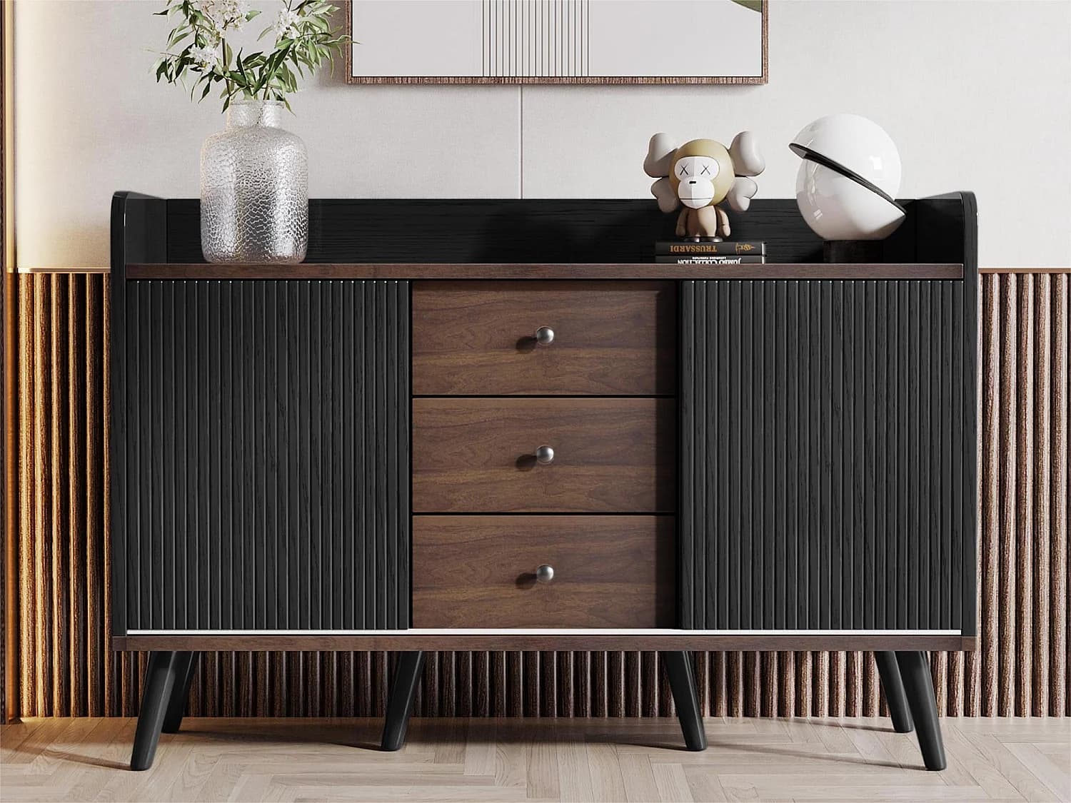 Buffet bas avec 3 tiroirs et 2 portes - style contemporain - Noir & Naturel