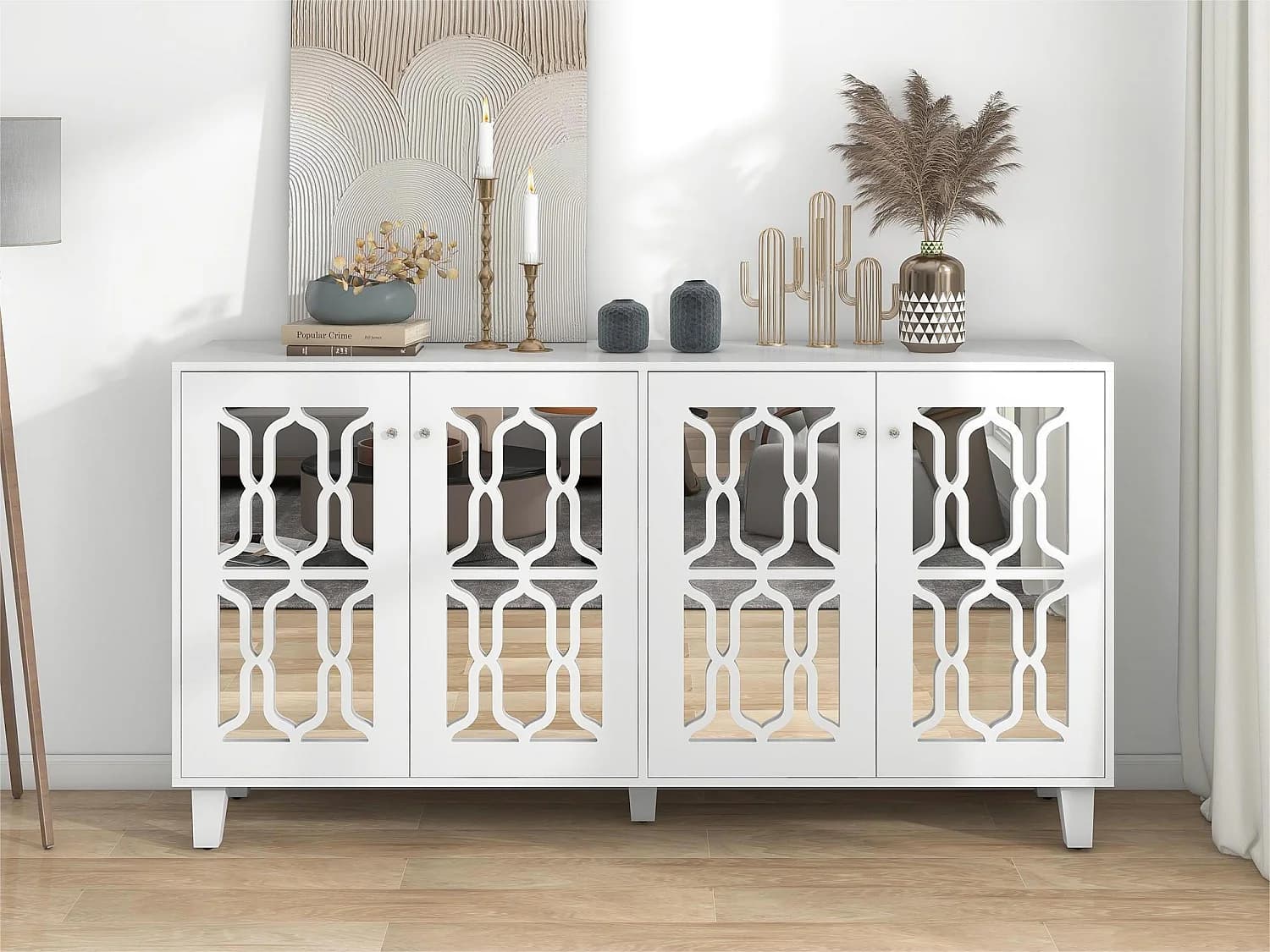 Buffet - 4 portes et étagères réglable - poignée en cristal - Blanc