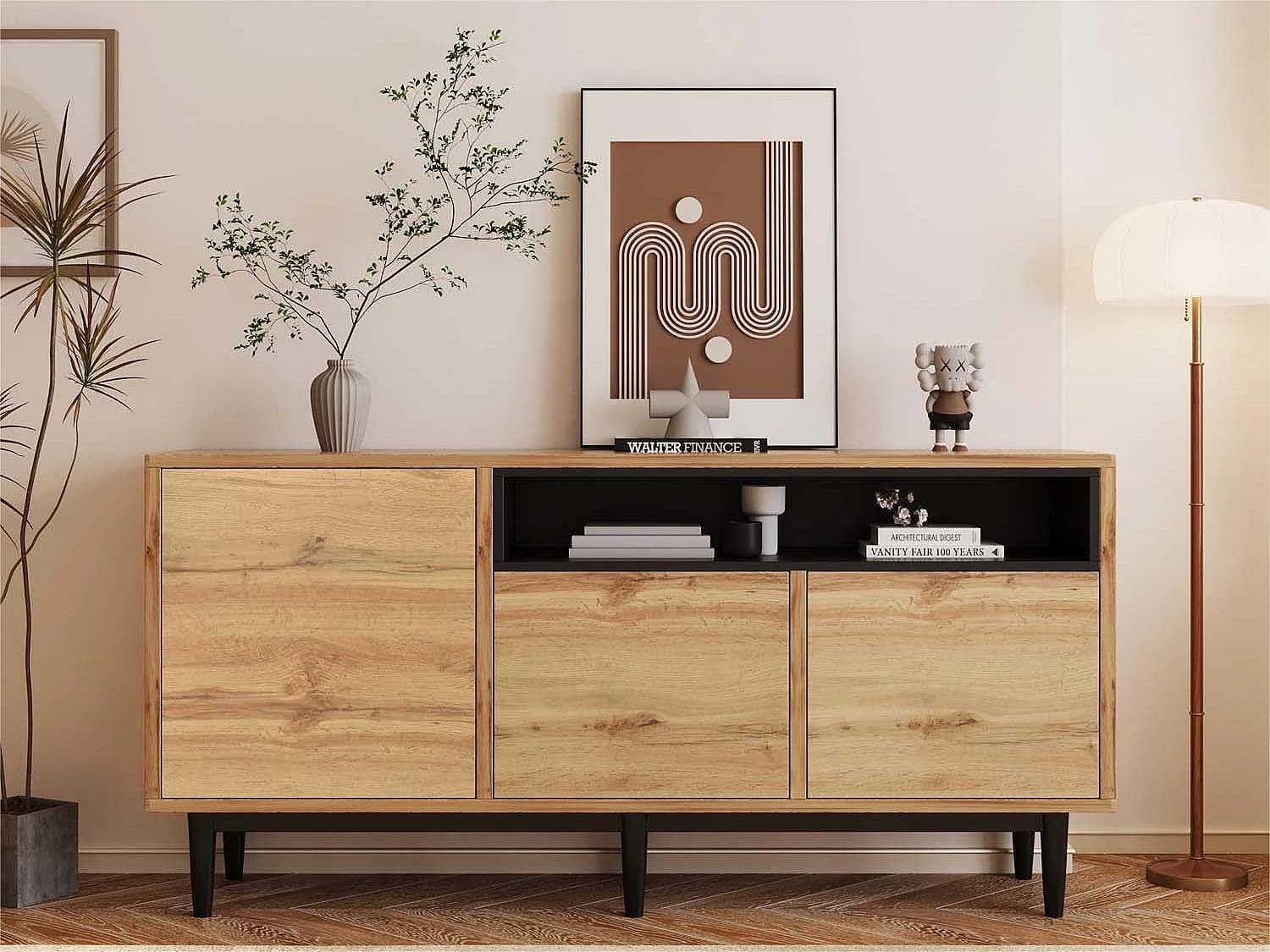 Buffet bas - 3 portes et 2 compartiments - naturel