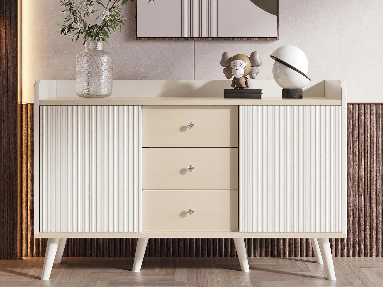 Buffet bas avec 3 tiroirs et 2 portes - style contemporain - Blanc & Naturel
