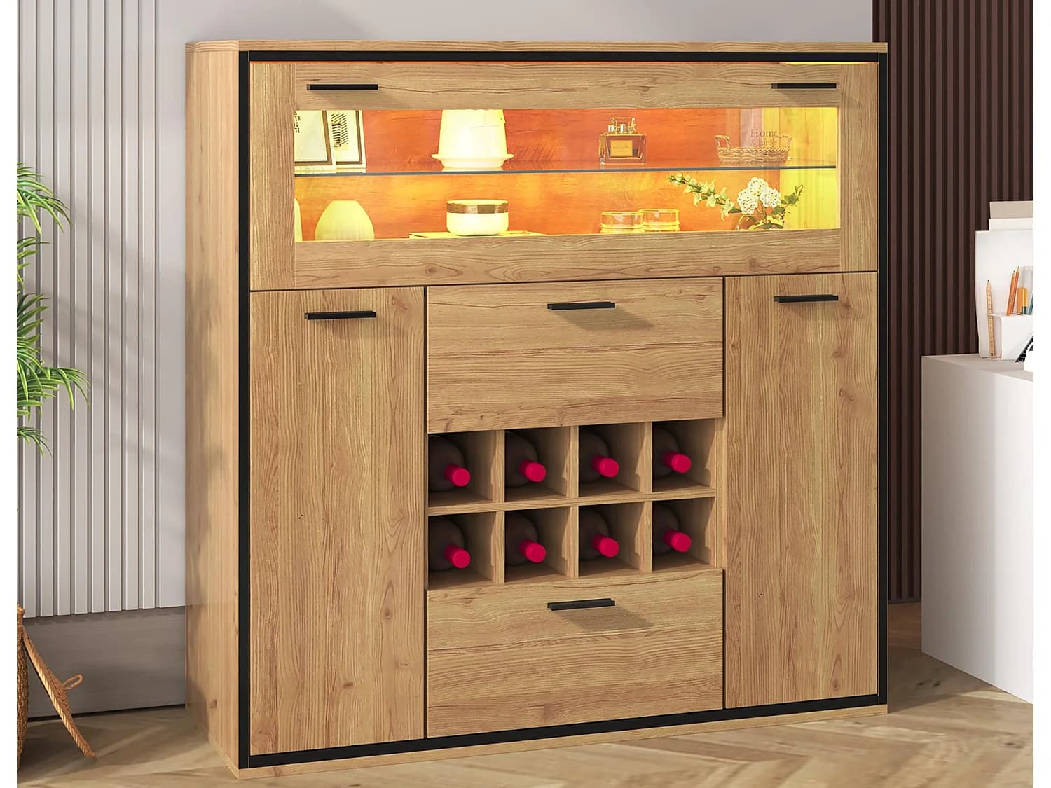 Buffet、Casier à vin avec LED - 2 portes & 2 tiroirs & clayettes en verre - Naturel
