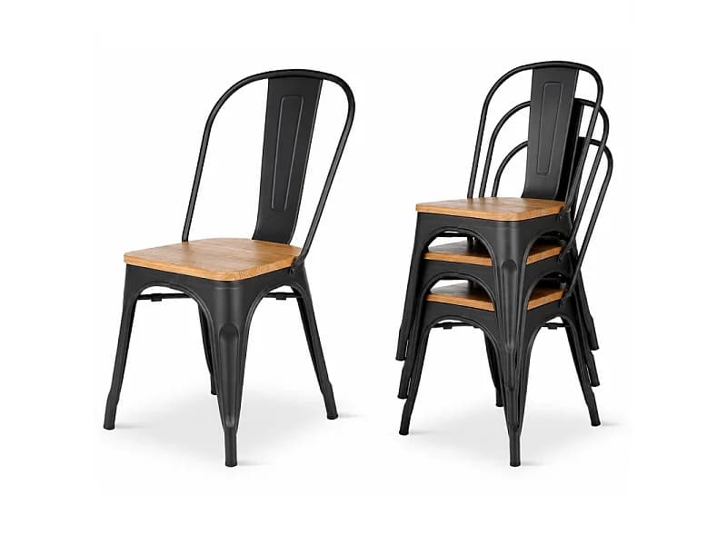 Lot de 4 chaises en métal noir mat et assise en bois clair - Style industriel