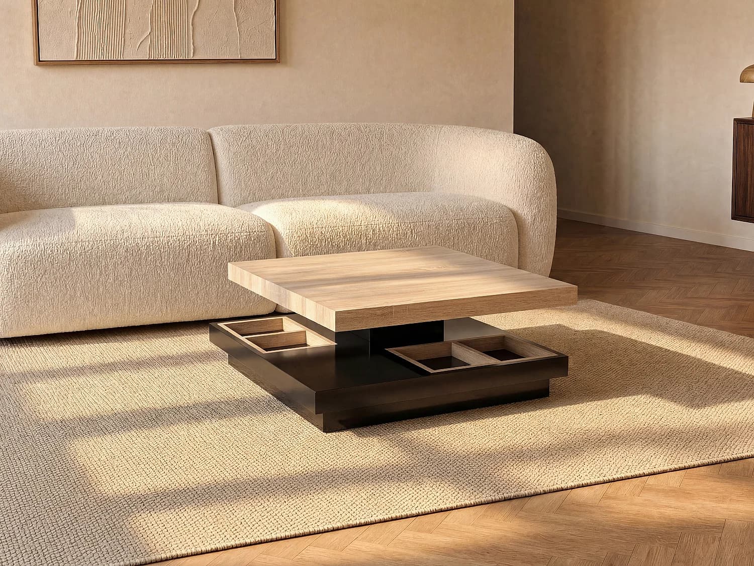 Table basse - Plateau pivotant - MDF laqué noir et naturel - FAUSTO
