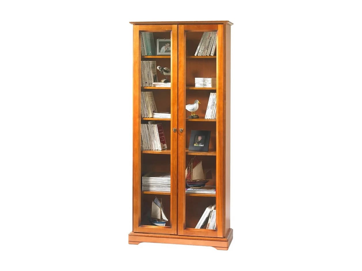 Bibliothèque 2 Portes Vitrées Merisier 5 Tablettes L 82.4 H 182.2 P 33 cm