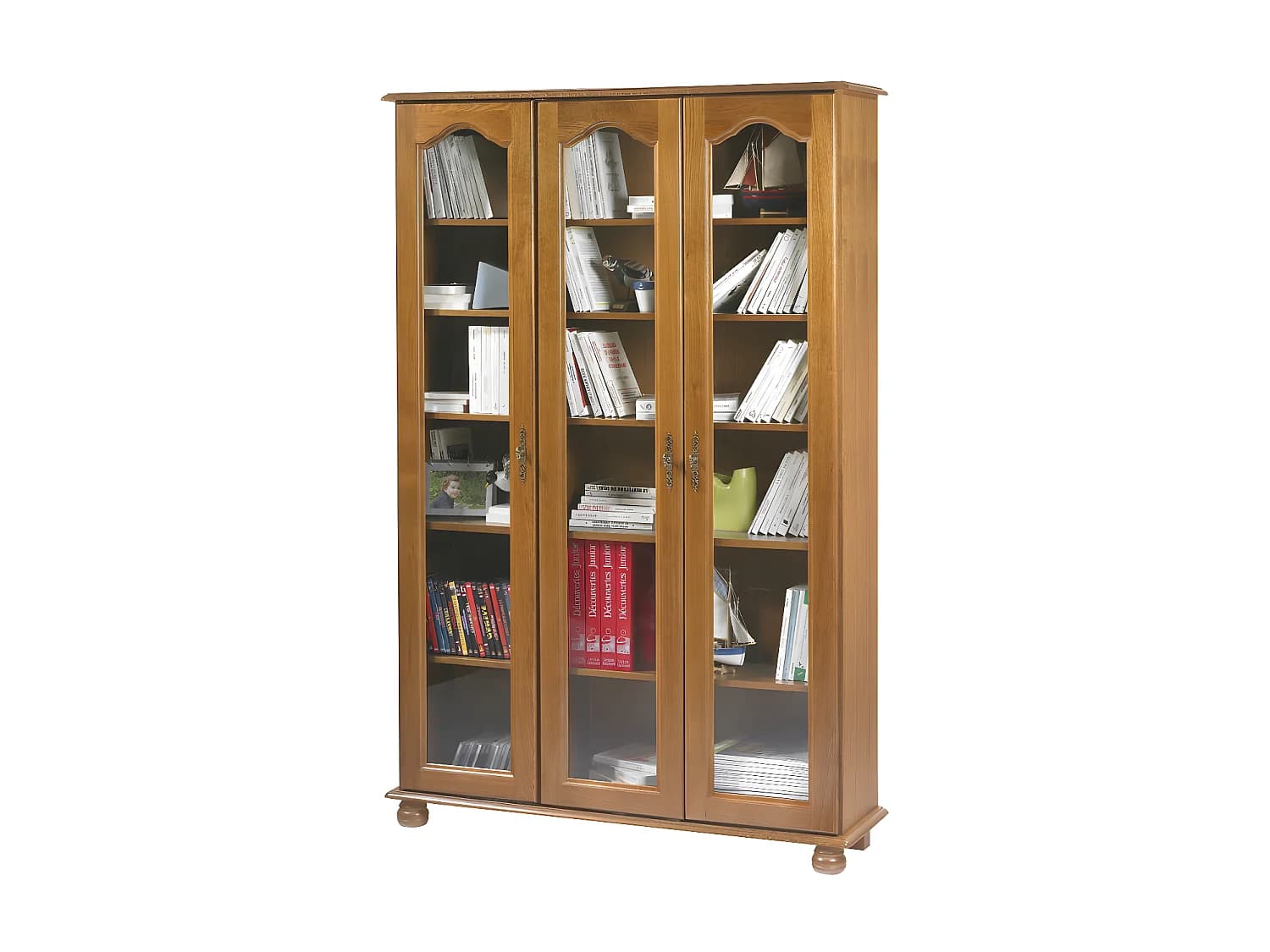 Bibliothèque Chêne 3 Portes Vitrées 12 Niches L 120.6 H 182.2 P 33 cm