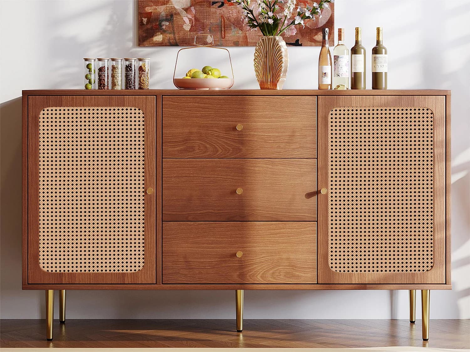Buffet bas en rotin avec 3 tiroirs & 2 portes - marron