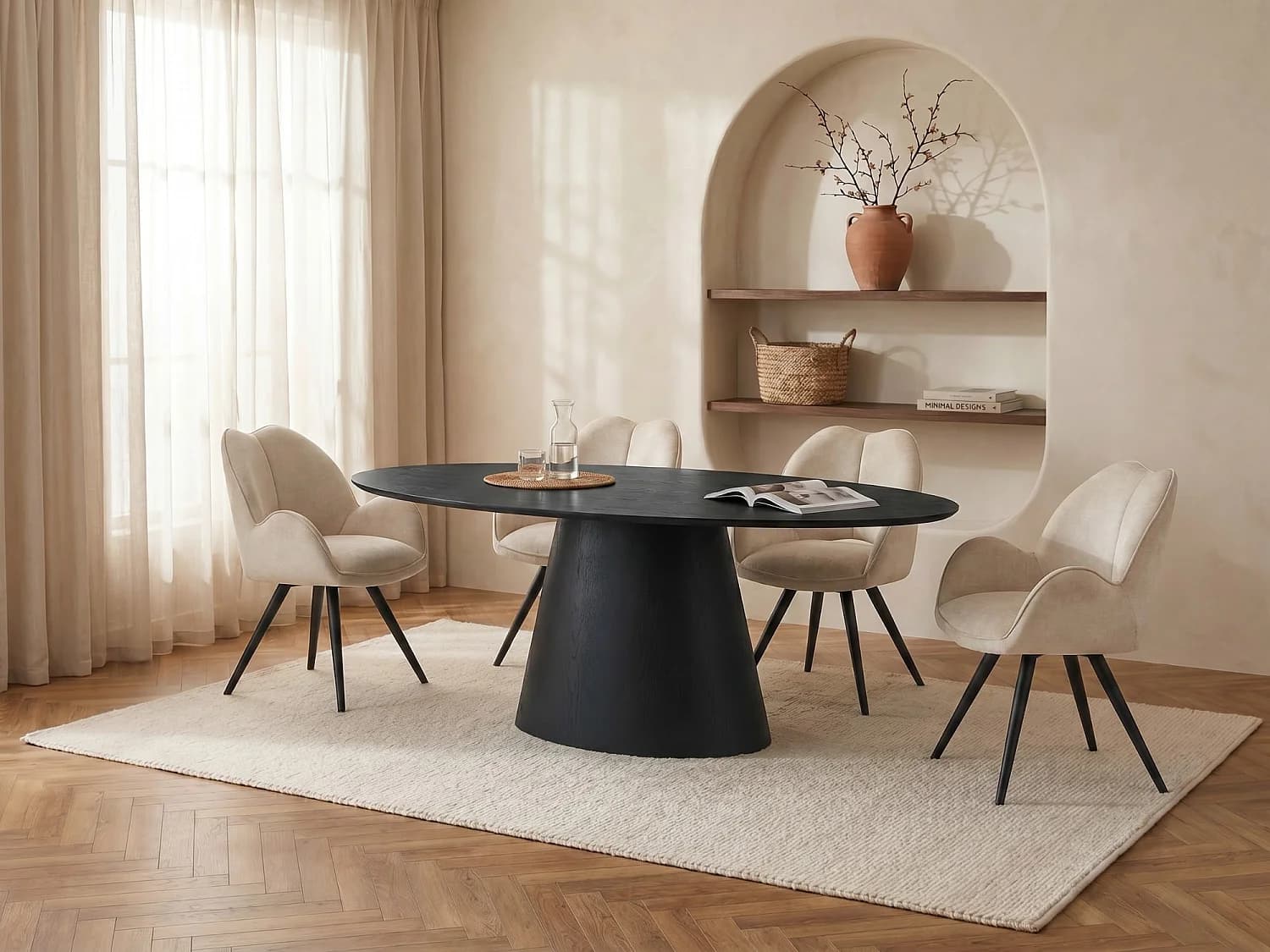 Table à manger 6 personnes placage frêne - Noir - ANTELADA