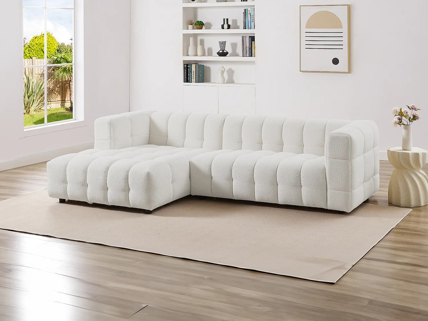 Canapé d'angle gauche en tissu bouclette blanc ivoire LERICI