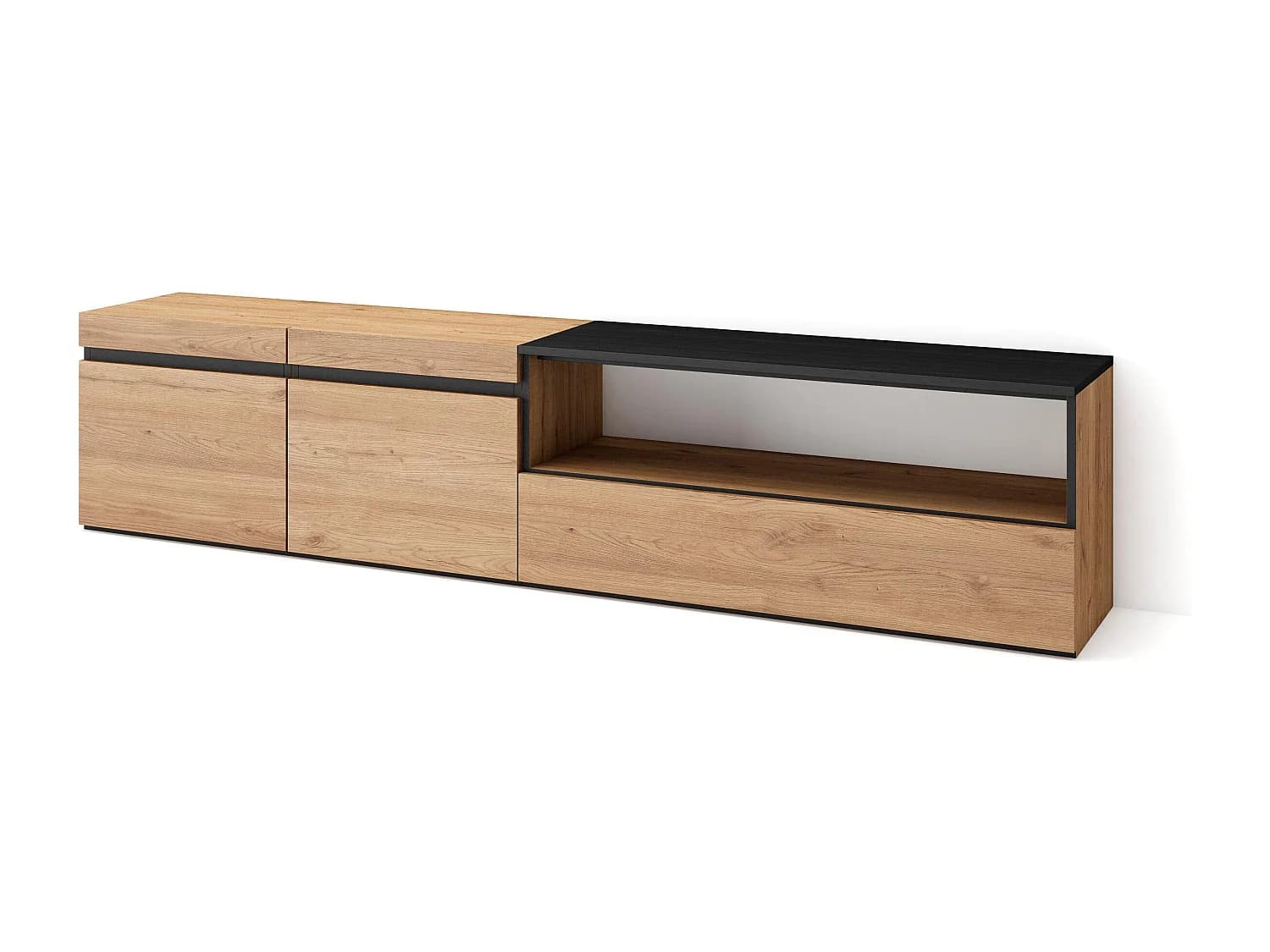 Meuble TV, Banc Télé, 200x35x45cm, Pour les TV jusqu'à 80", Meubles de salon, Chêne et noir
