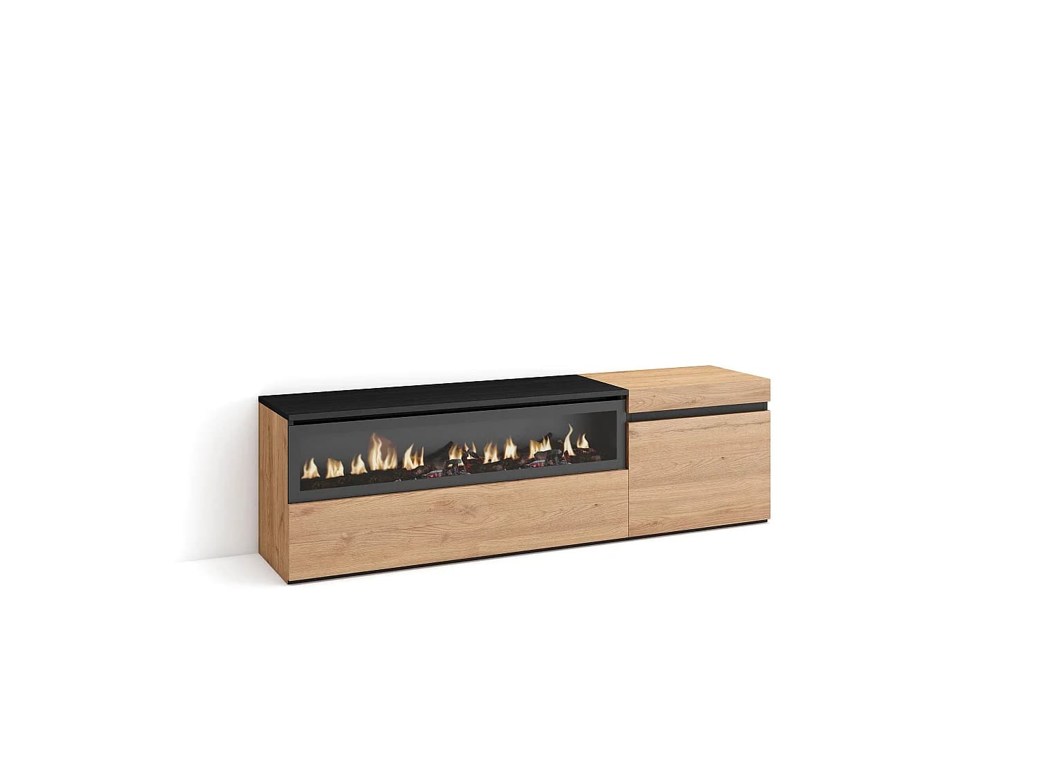 Meuble TV, Banc Télé, 150x35x45cm, Pour les TV jusqu'à 65", Cheminée électrique, Chêne et noir