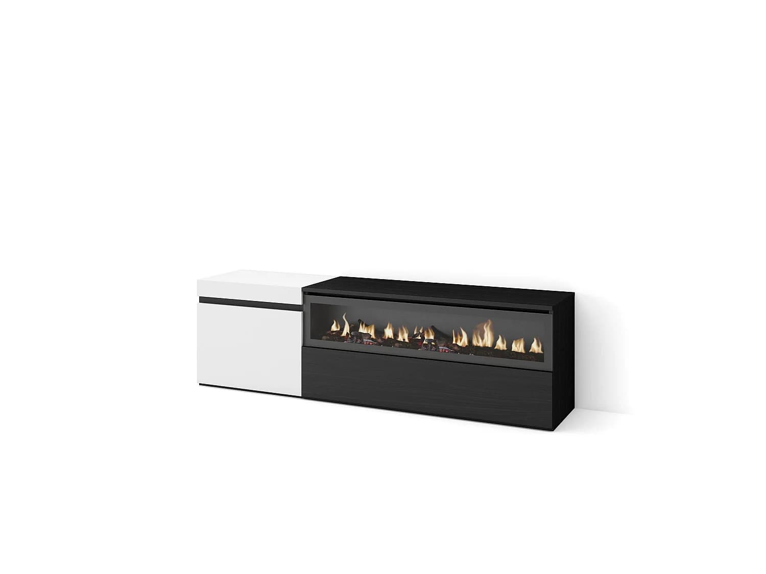 Meuble TV, Banc Télé, 150x35x45cm, Pour les TV jusqu'à 65", Cheminée électrique, Blanc et noir