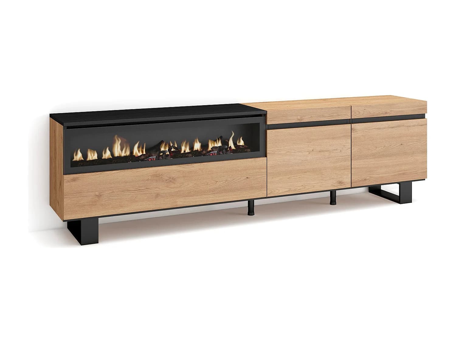 Meuble TV, Banc Télé, 200x35x57cm, Pour les TV jusqu'à 80", Cheminée électrique, Design industriel, Chêne et noir