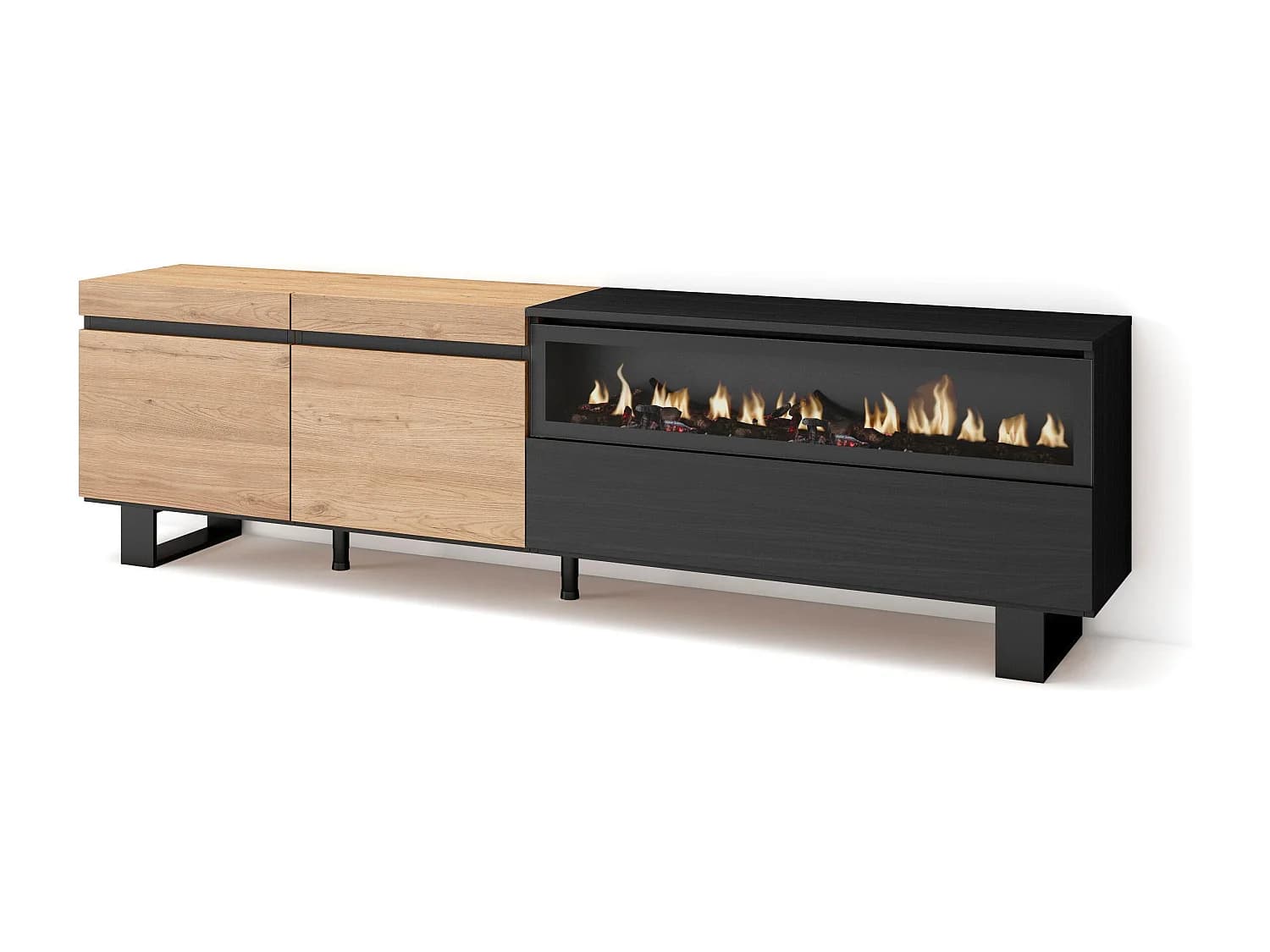 Meuble TV, Banc Télé, 200x35x57cm, Pour les TV jusqu'à 80", Cheminée électrique, Design industriel, Chêne et noir