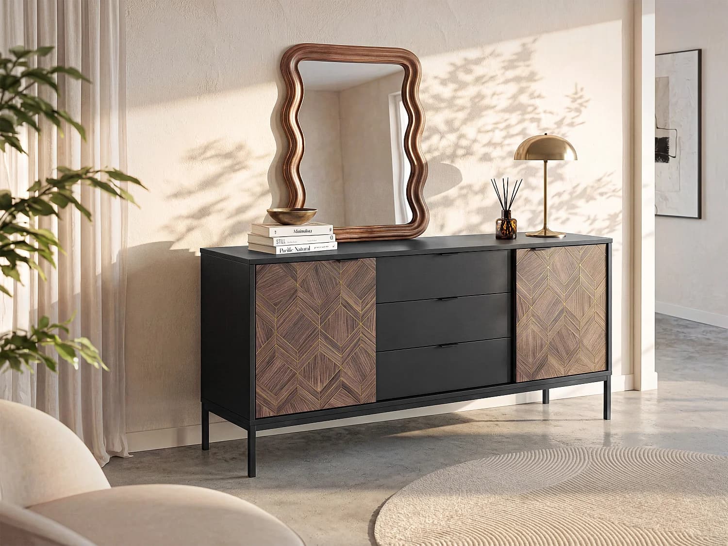 Buffet avec 2 portes et 3 tiroirs - Noir et Naturel foncé - MIALINE