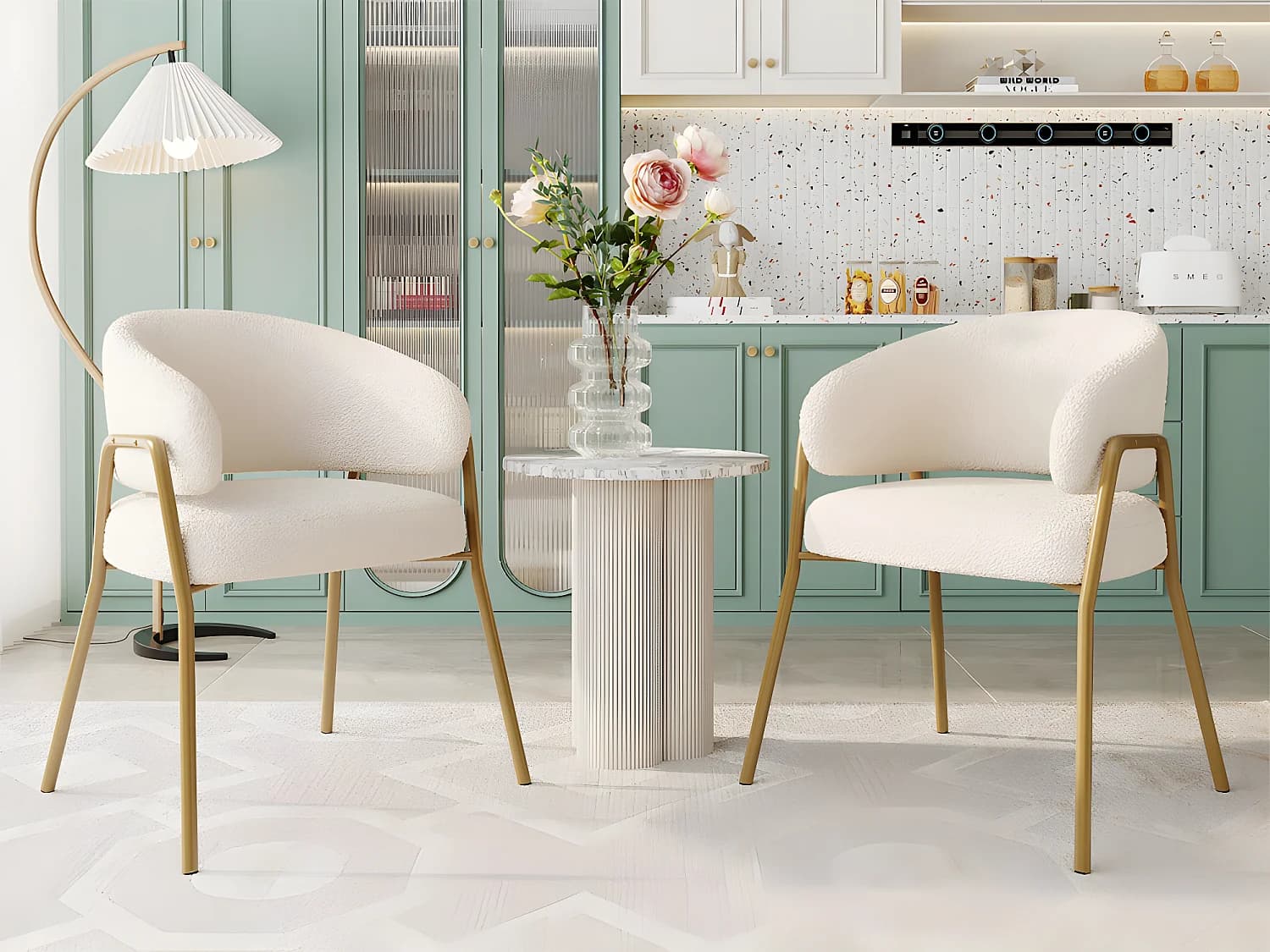 Lot de 2 chaises - tissu en sherpa - pieds dorés - beige