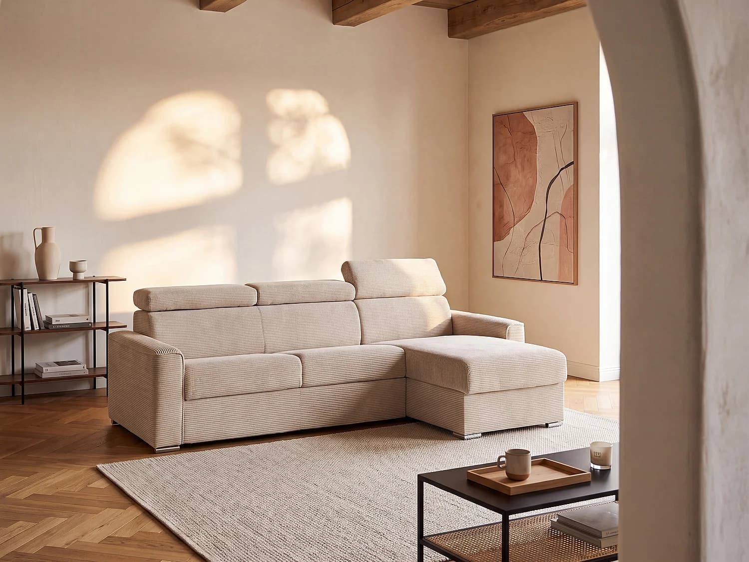 Canapé d'angle réversible convertible express en velours côtelé beige - Couchage à lattes larges160 cm - Matelas 22 cm mémoire de forme - VIZIR