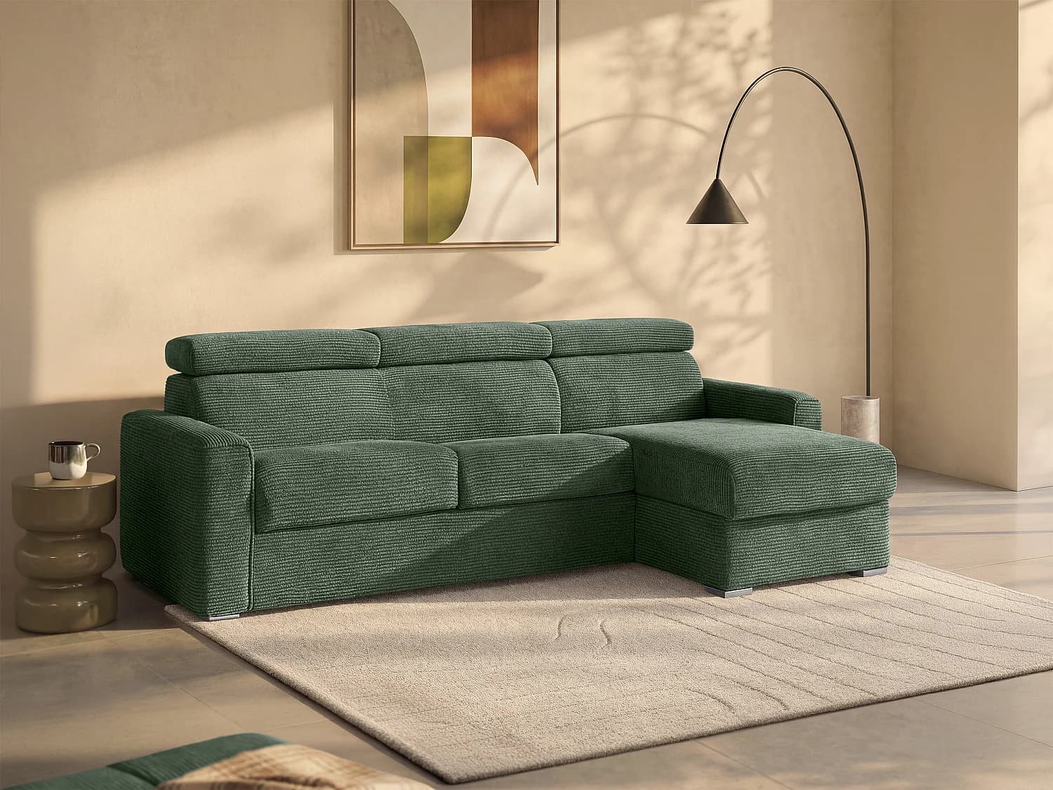 Canapé d'angle réversible convertible express en velours côtelé vert - Couchage à lattes larges 160 cm - Matelas 22 cm mémoire de forme - VIZIR