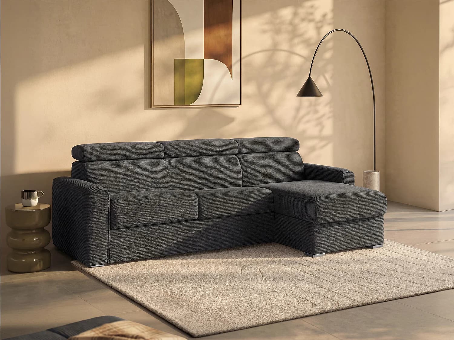 Canapé d'angle réversible convertible express en velours côtelé gris anthracite - Couchage à lattes larges 160 cm - Matelas 22 cm mémoire de forme - VIZIR