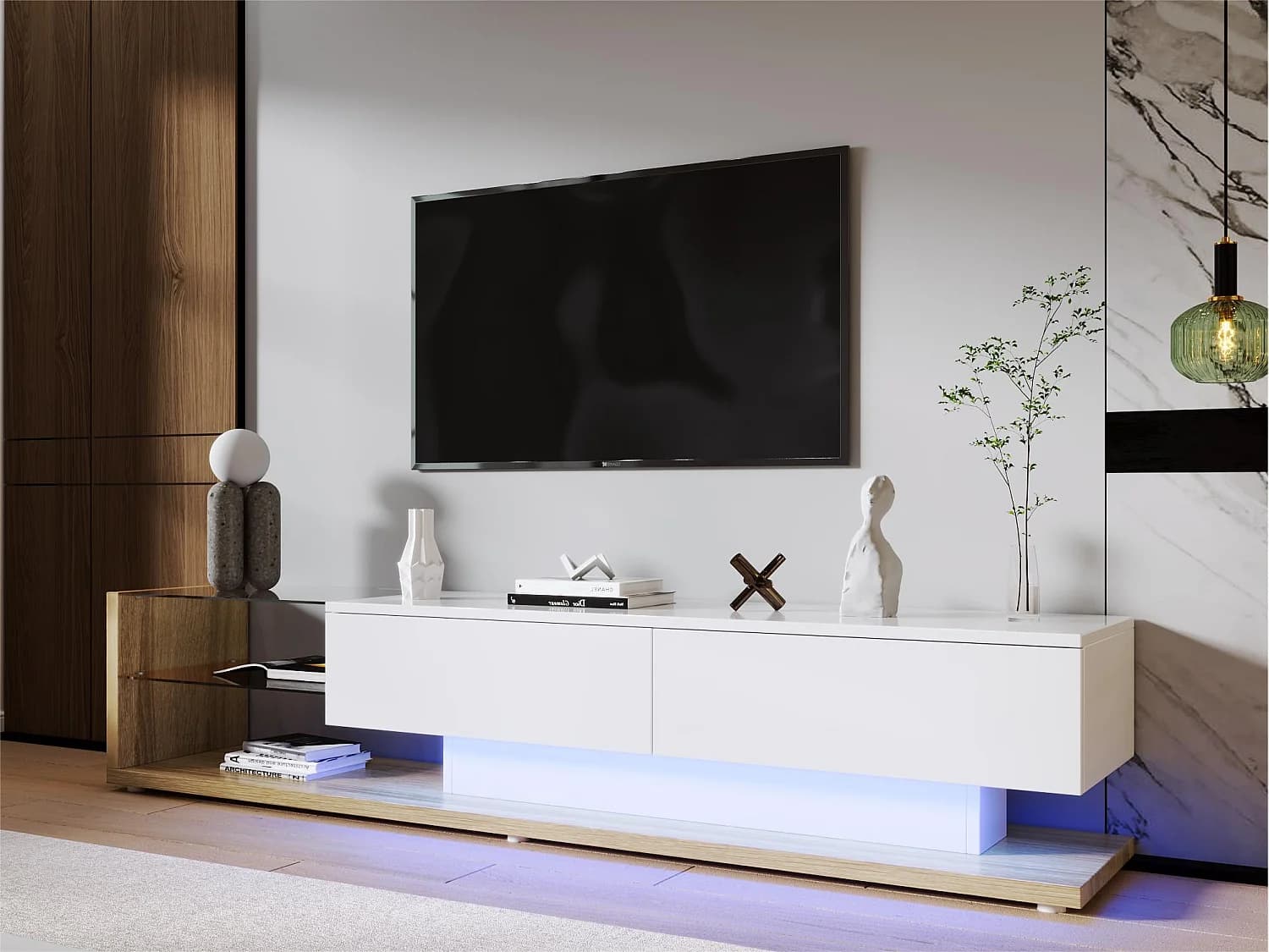 Meuble TV 170cm avec LED et cloison vitrée - 2 tiroirs - Blanc & Naturel