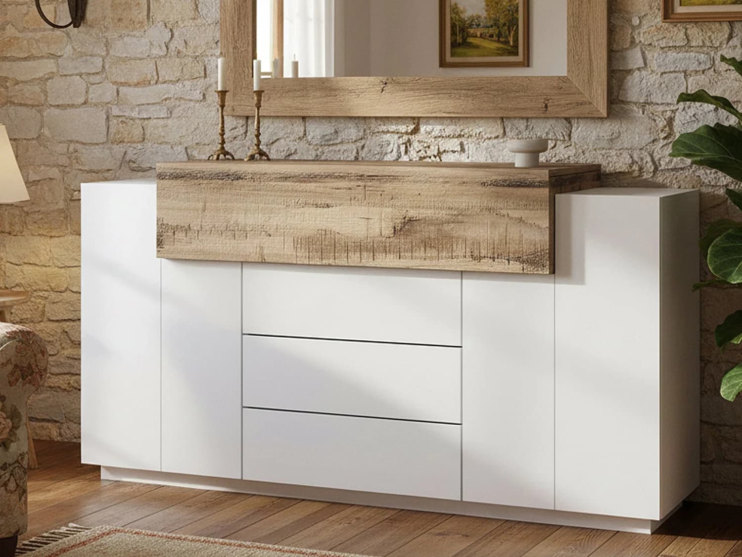 Buffet Dismajl, Buffet de cuisine avec 3 portes et 3 tiroirs, Buffet de salon, 100% Made in Italy, 160x45h86 cm, Blanc brillant et Érable