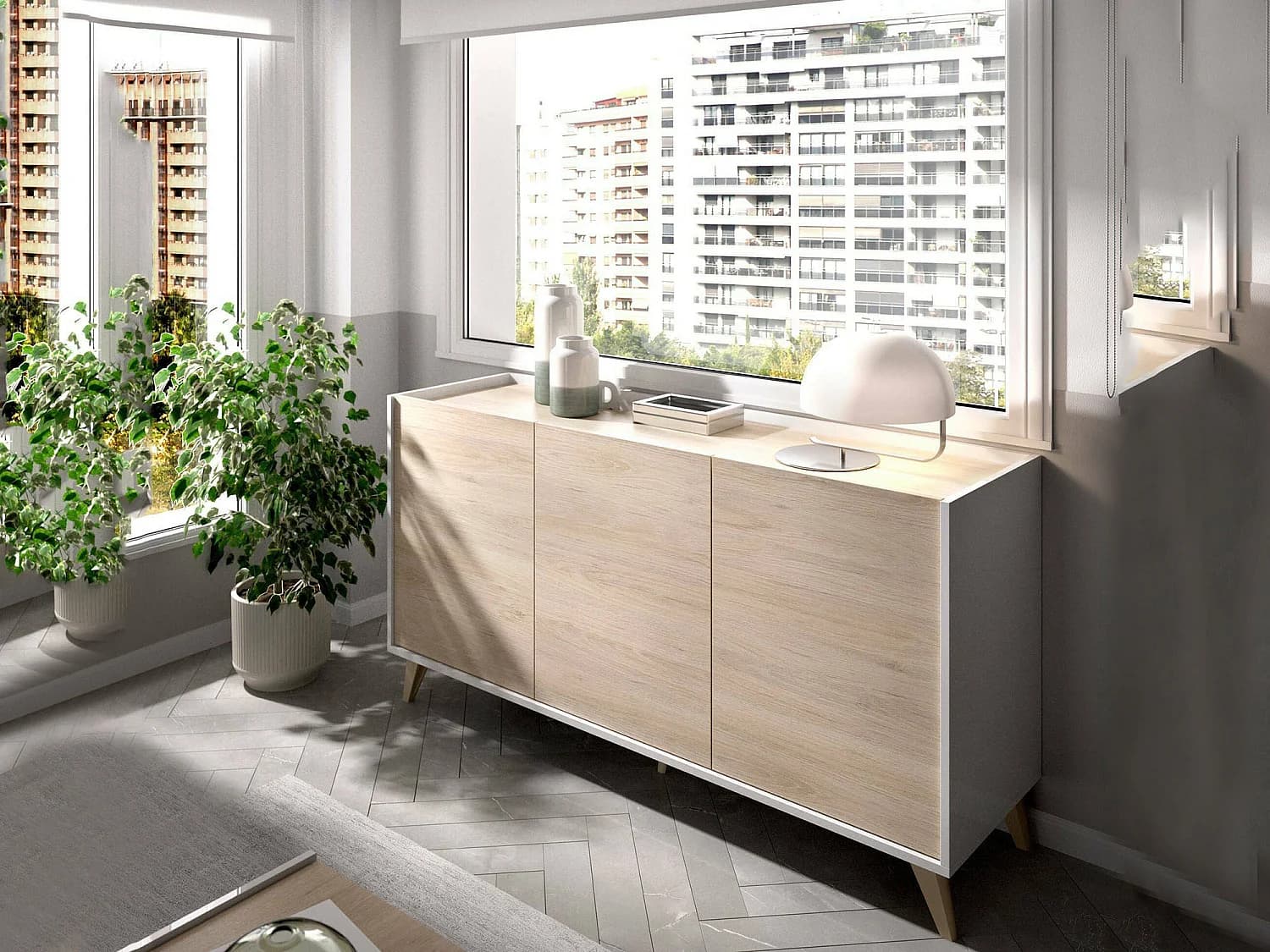 Buffet Avez-vous, Buffet de salon, Buffet de salon moderne avec 3 portes, 155x43h75 cm, Chêne et Blanc