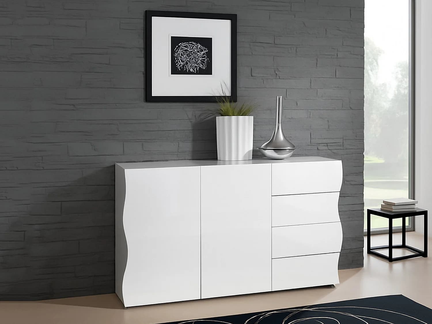 Buffet Dmarasc, Buffet de cuisine avec 2 portes et 4 tiroirs, Buffet de salon, 100% Made in Italy, 124x40h81 cm, Blanc brillant