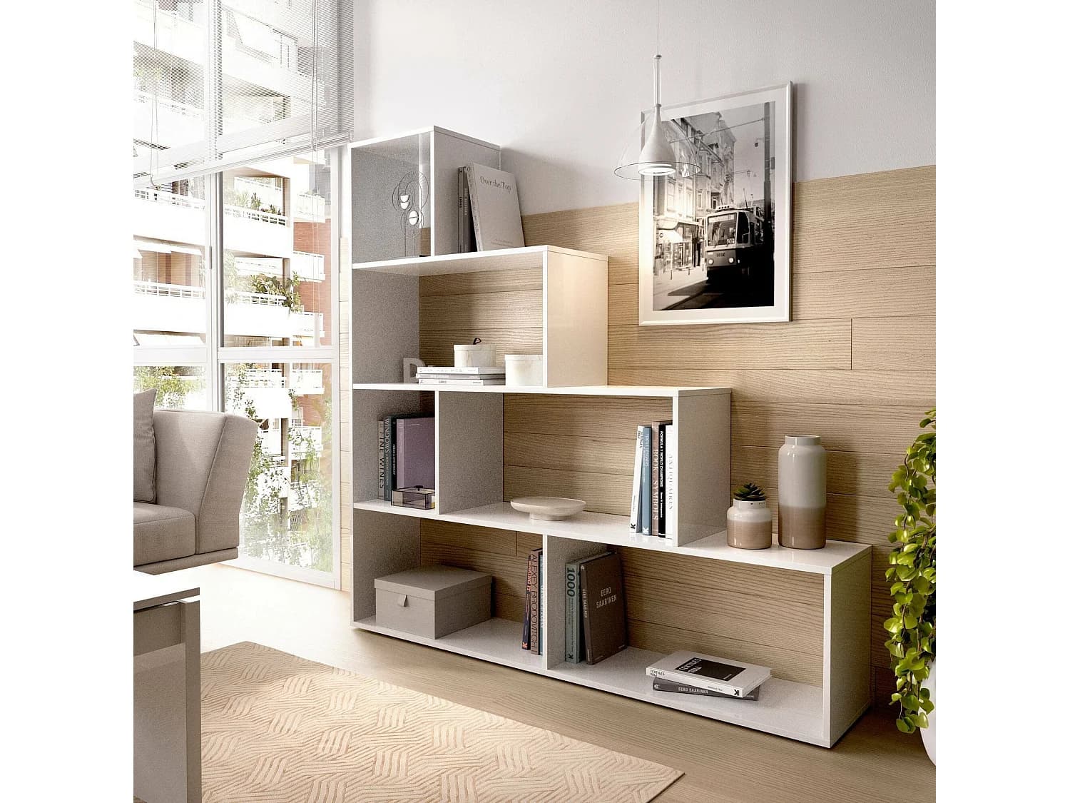 Bibliothèque Dleverb, Etagère de bureau polyvalente, Bibliothèque avec 6 étagères, 145x29h145 cm, Blanc