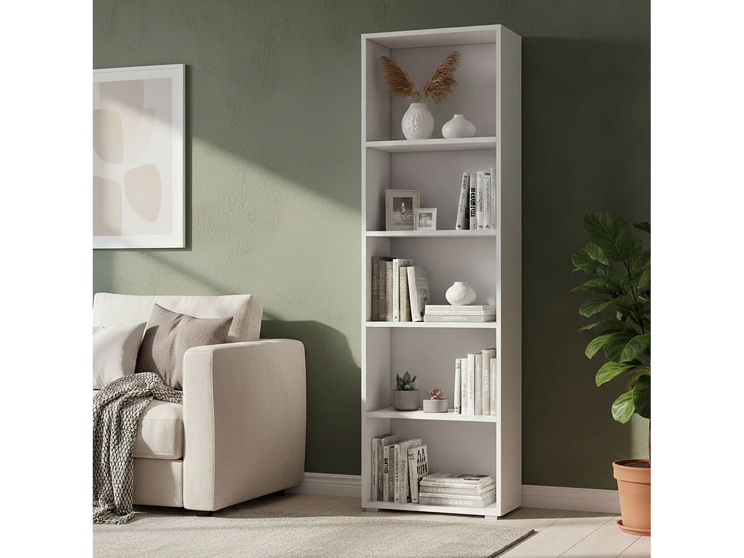 Bibliothèque Dedjoum, Bibliothèque avec 4 étagères réglables, Étagère à livres, Élément mural avec étagères, 100% Made in Italy, 60x30h195 cm, Blanc