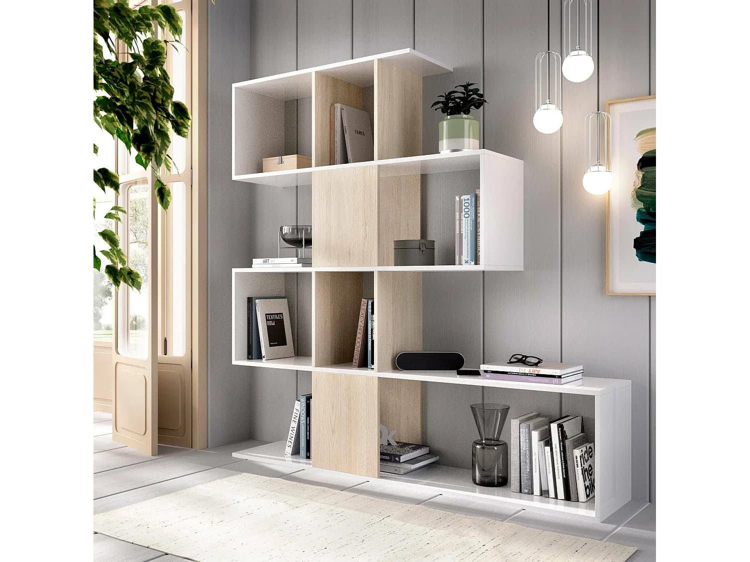 Bibliothèque Moneglia, Etagère de bureau polyvalente, Bibliothèque avec 4 étagères, 145x29h145 cm, Blanc et Chêne