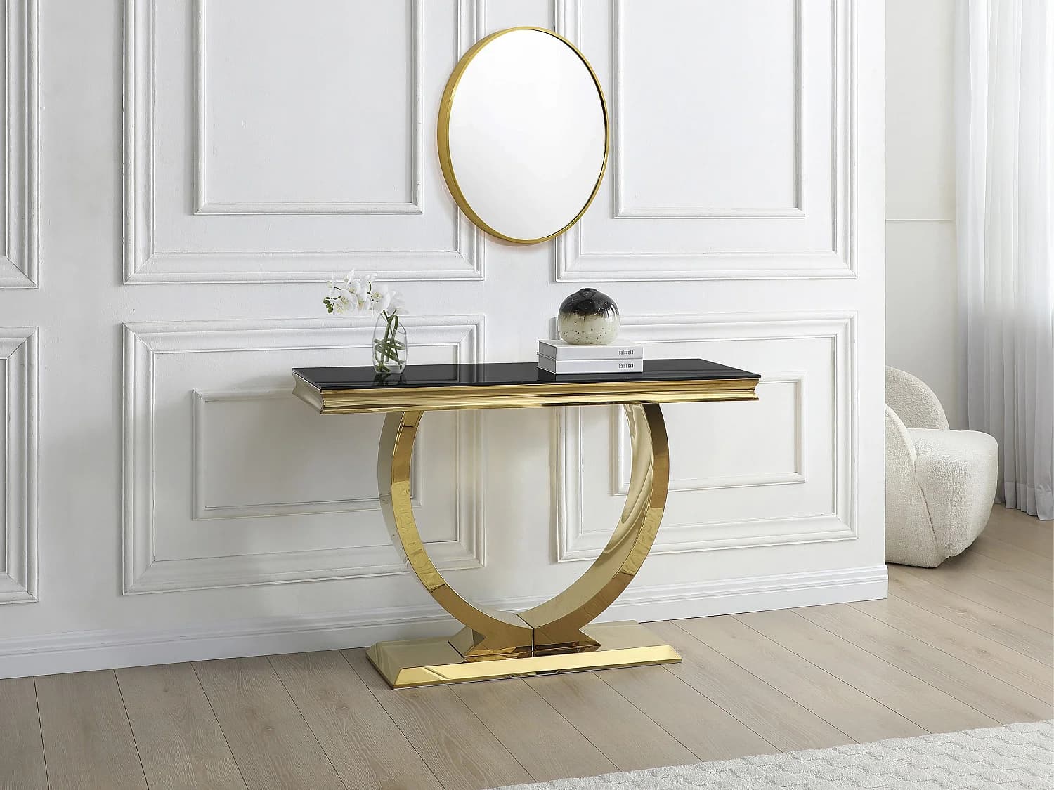 Console en verre trempé et acier inoxydable - Doré et Noir - ROWAN