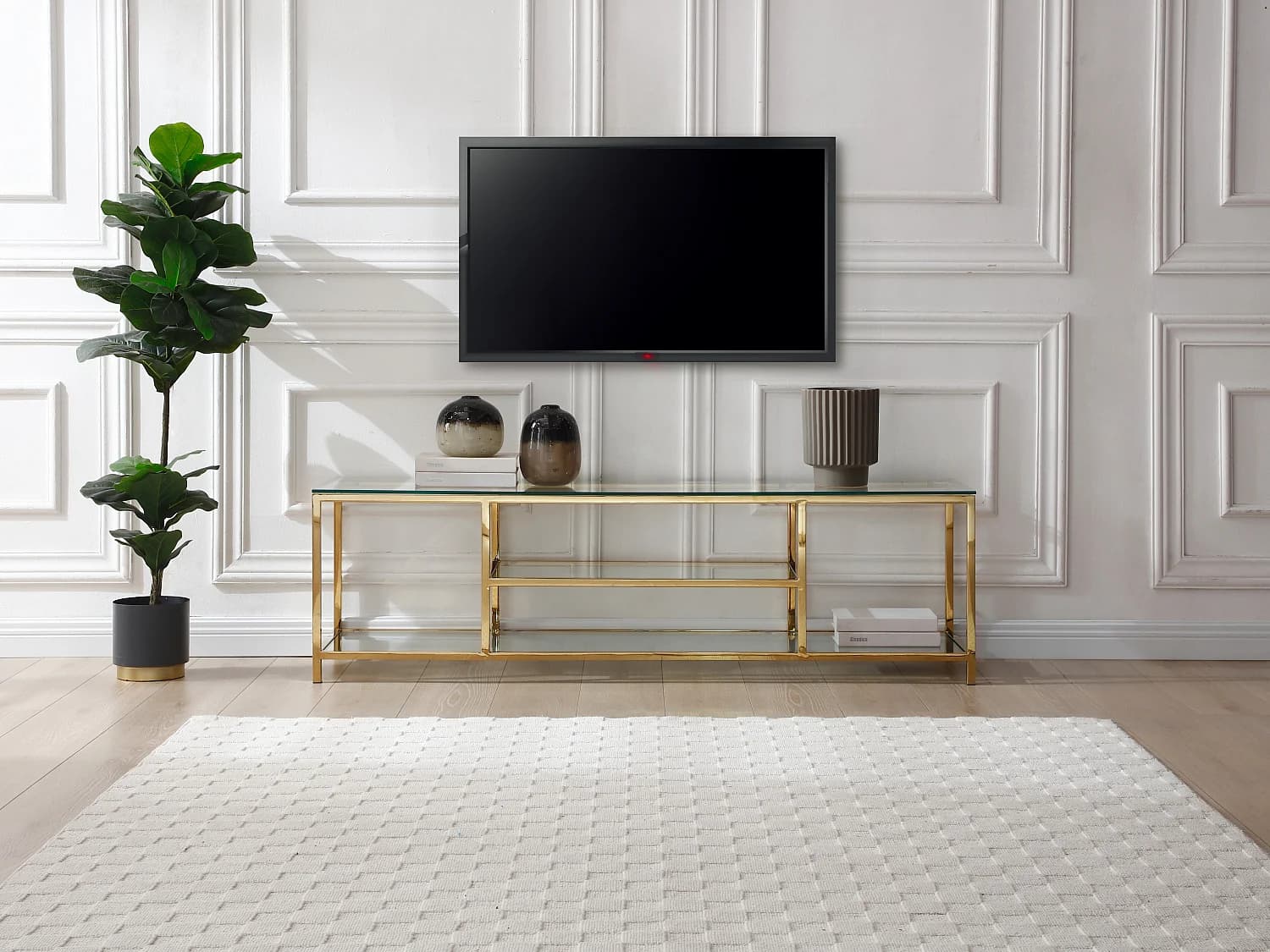 Meuble TV avec 2 étagères en verre trempé et acier inoxydable - Transparent et Doré - RIMALI