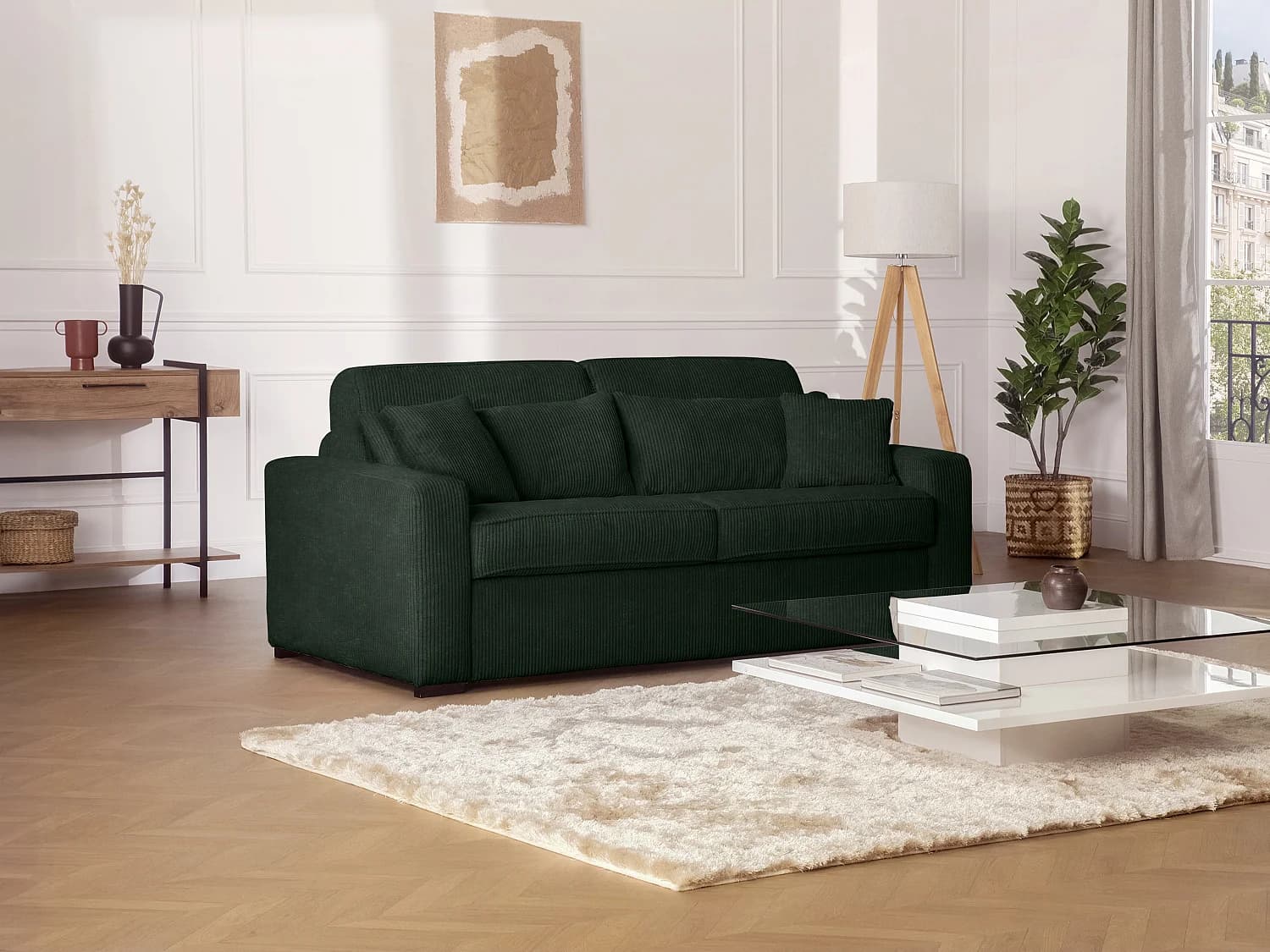 Canapé 4 places convertible express en velours côtelé vert - Couchage à lattes larges 160 cm - Matelas 16 cm - MONDOVI
